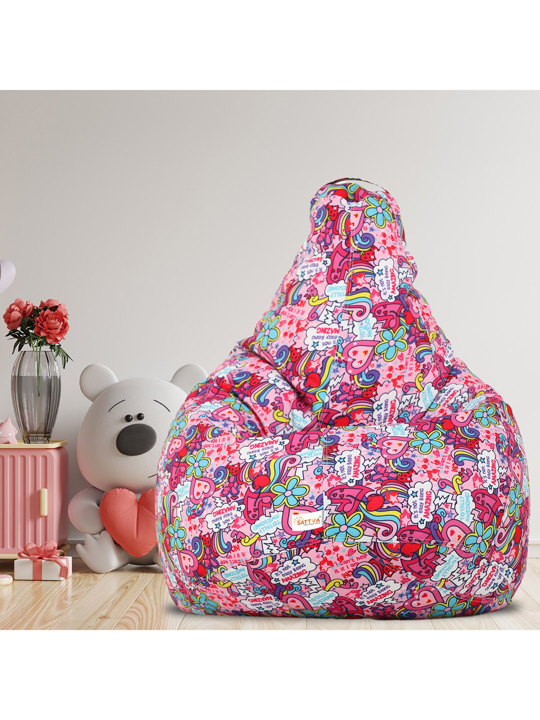 Buy Sattva Pink & White Printed Bean Bag Cover Bean Bag Cover for