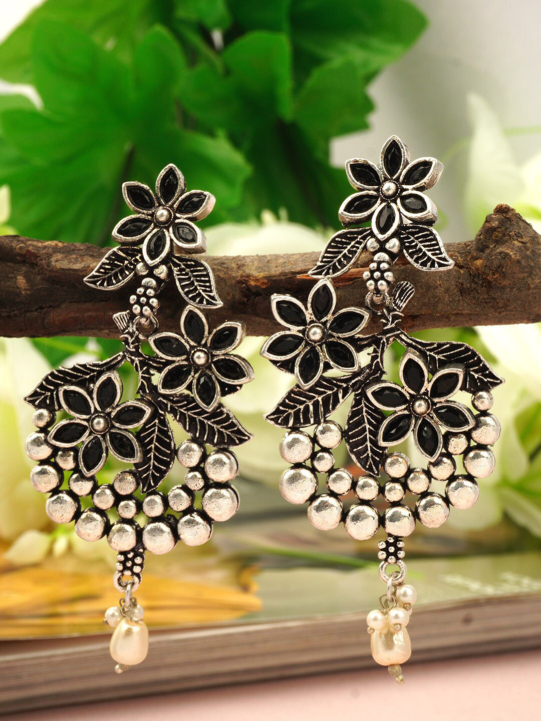 Buy Urmika Black Classic Floral Drop Earrings Earrings for Women