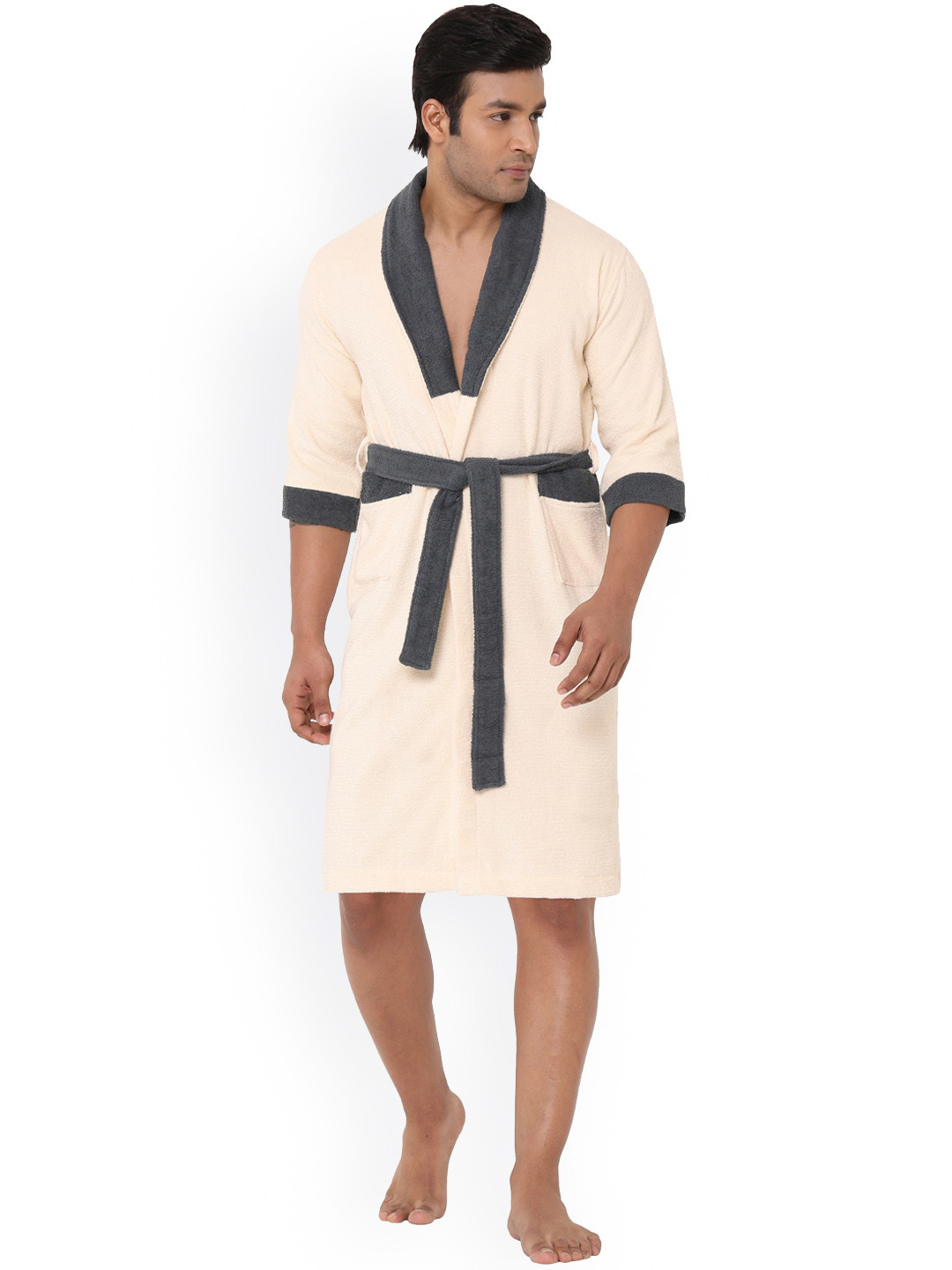 Buy SPACES Cream Coloured Solid Pure Cotton 300 GSM Bathrobe Bath
