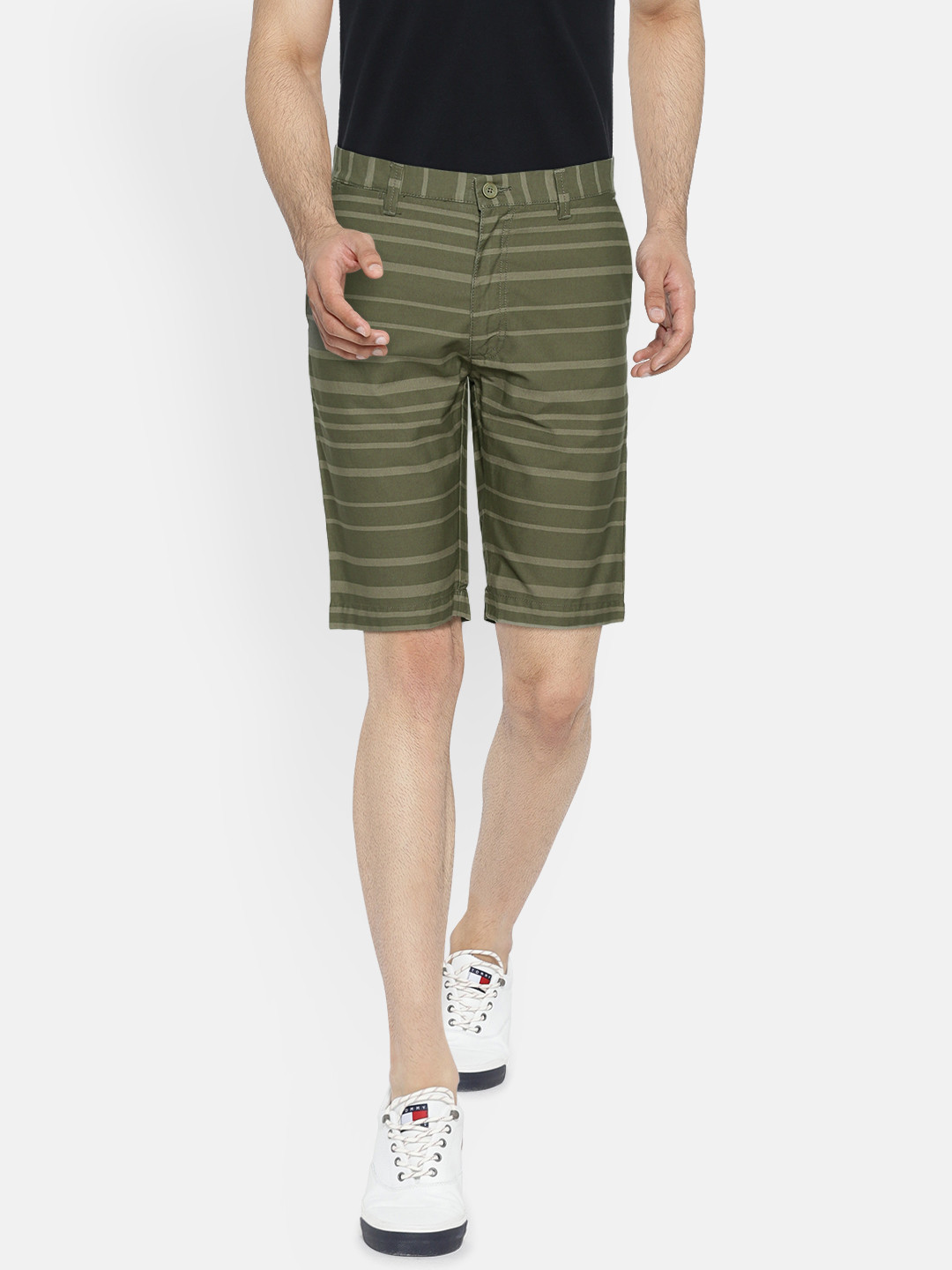 Buy Indian Terrain Men Olive Green Striped Slim Fit Shorts Shorts for