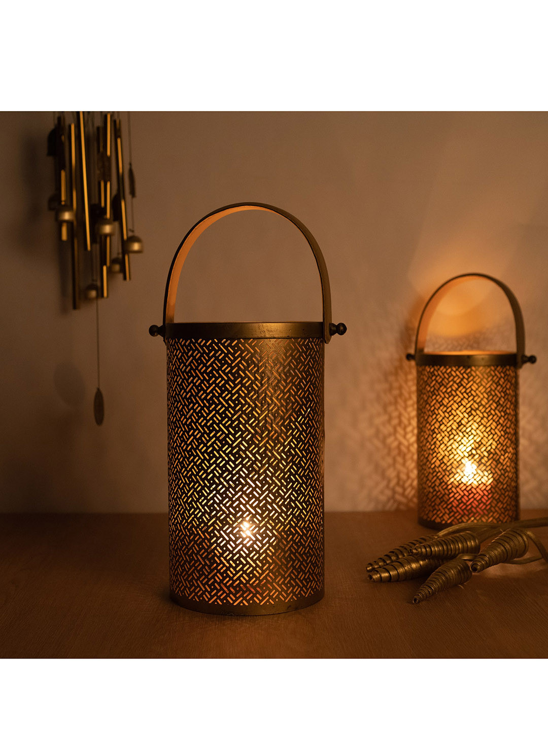 Buy HomeTown Set Of 2 Gold Toned Floor Lantern Candle Holders Candle Holders for Unisex