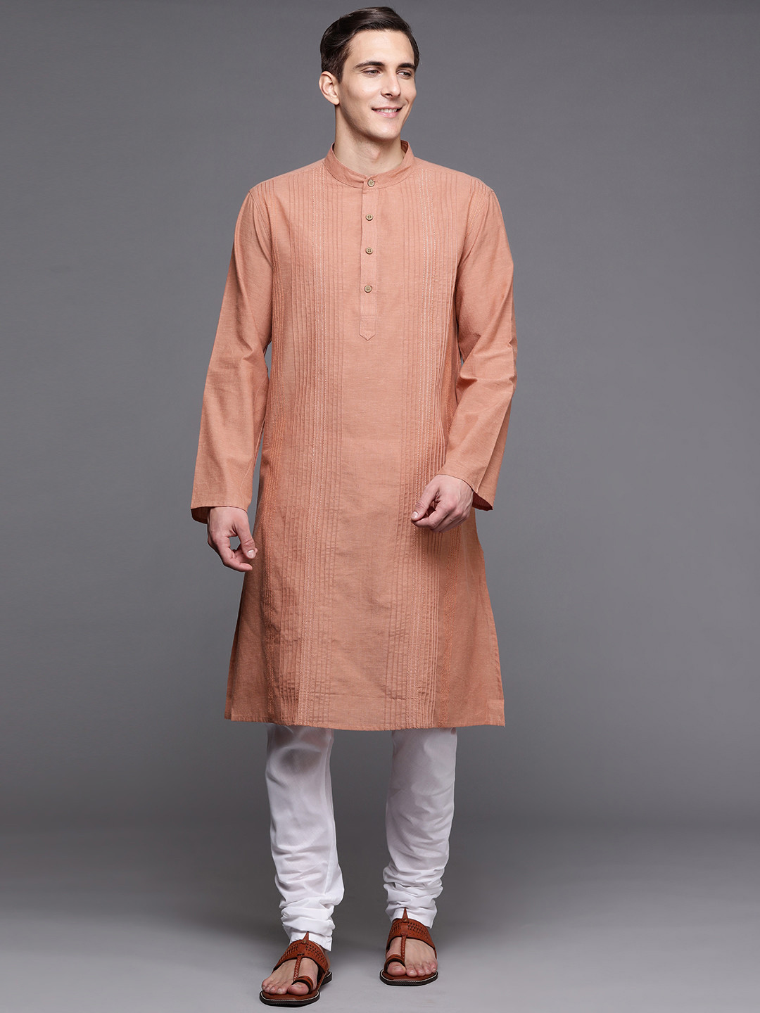 Buy Fabindia Men Rust Orange Embroidered Striped Band Collar Pure