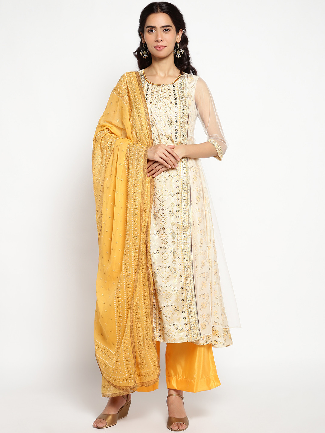 Women Cream-Coloured & Blue Printed Kurta With Palazzos