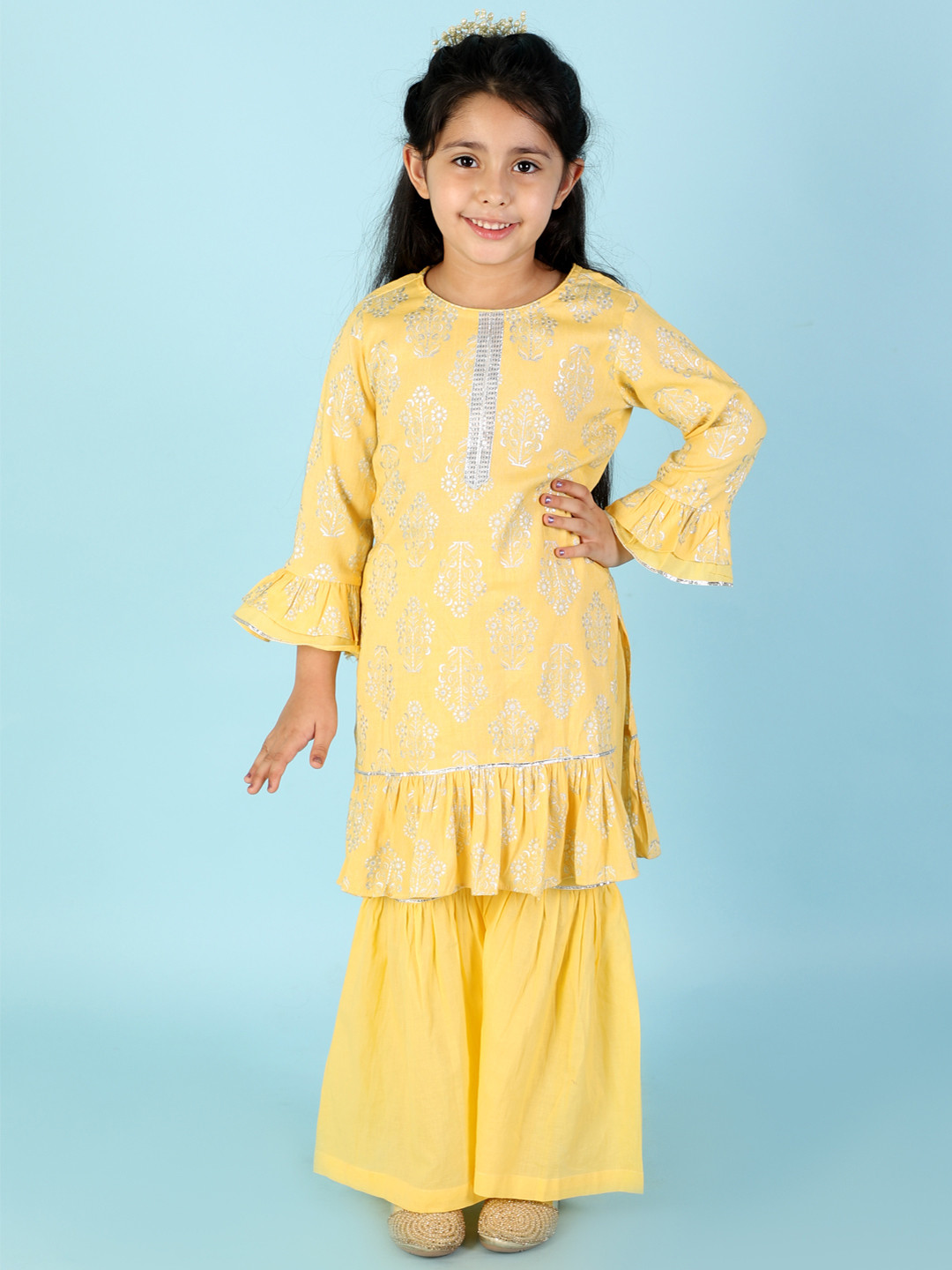 Buy Girls Yellow, Pink & Green Floral Printed Cotton Kurta with Sharara & Dupatta - Indiaista