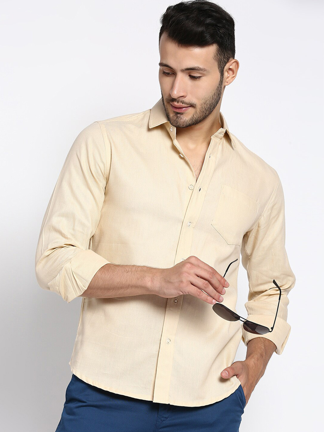 Buy MOD ECRU Men Cream Coloured Solid Classic Casual Shirt Shirts for