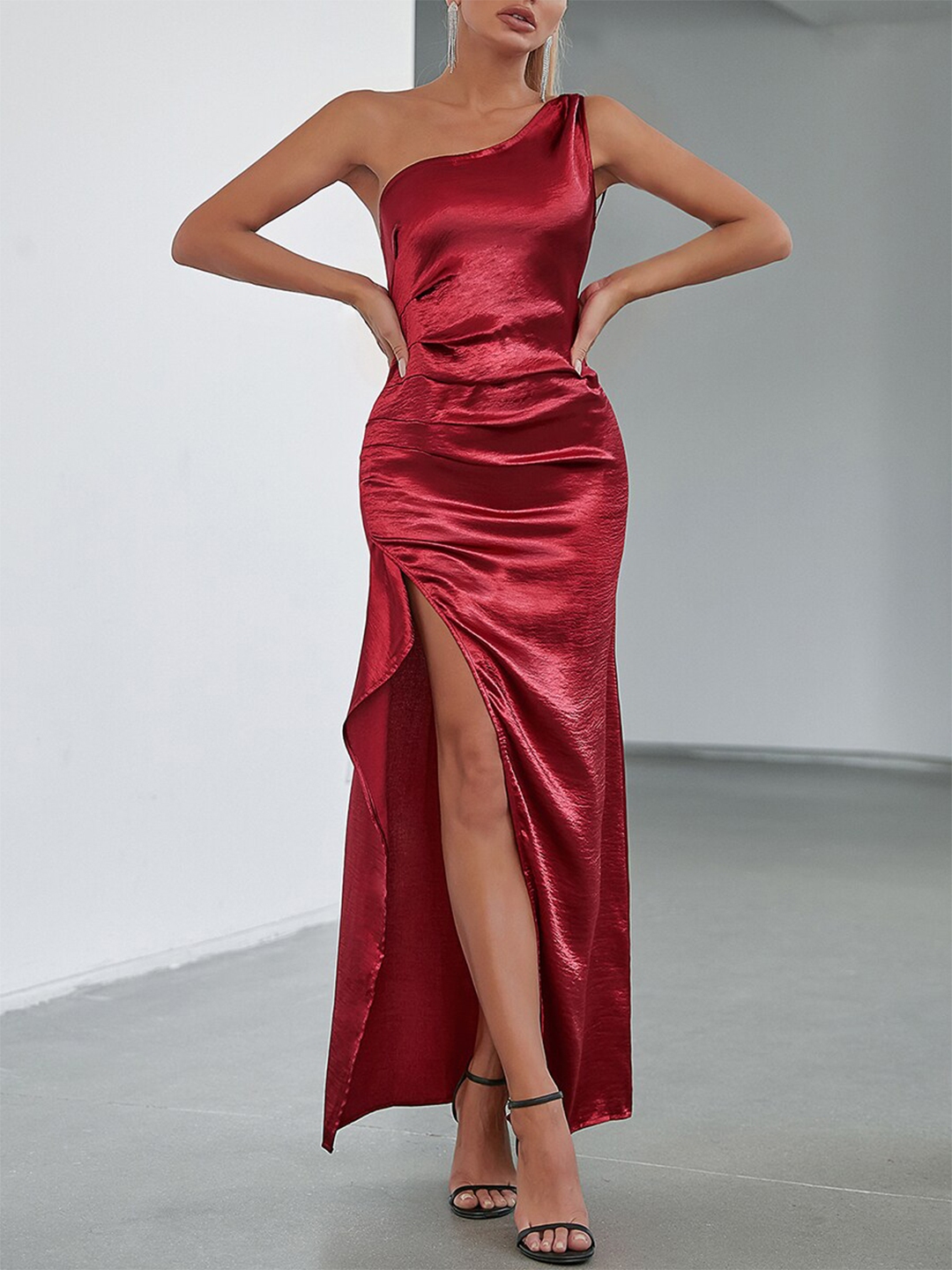 Buy URBANIC Burgundy One Shoulder Ruched Maxi Dress - Dresses for Women ...