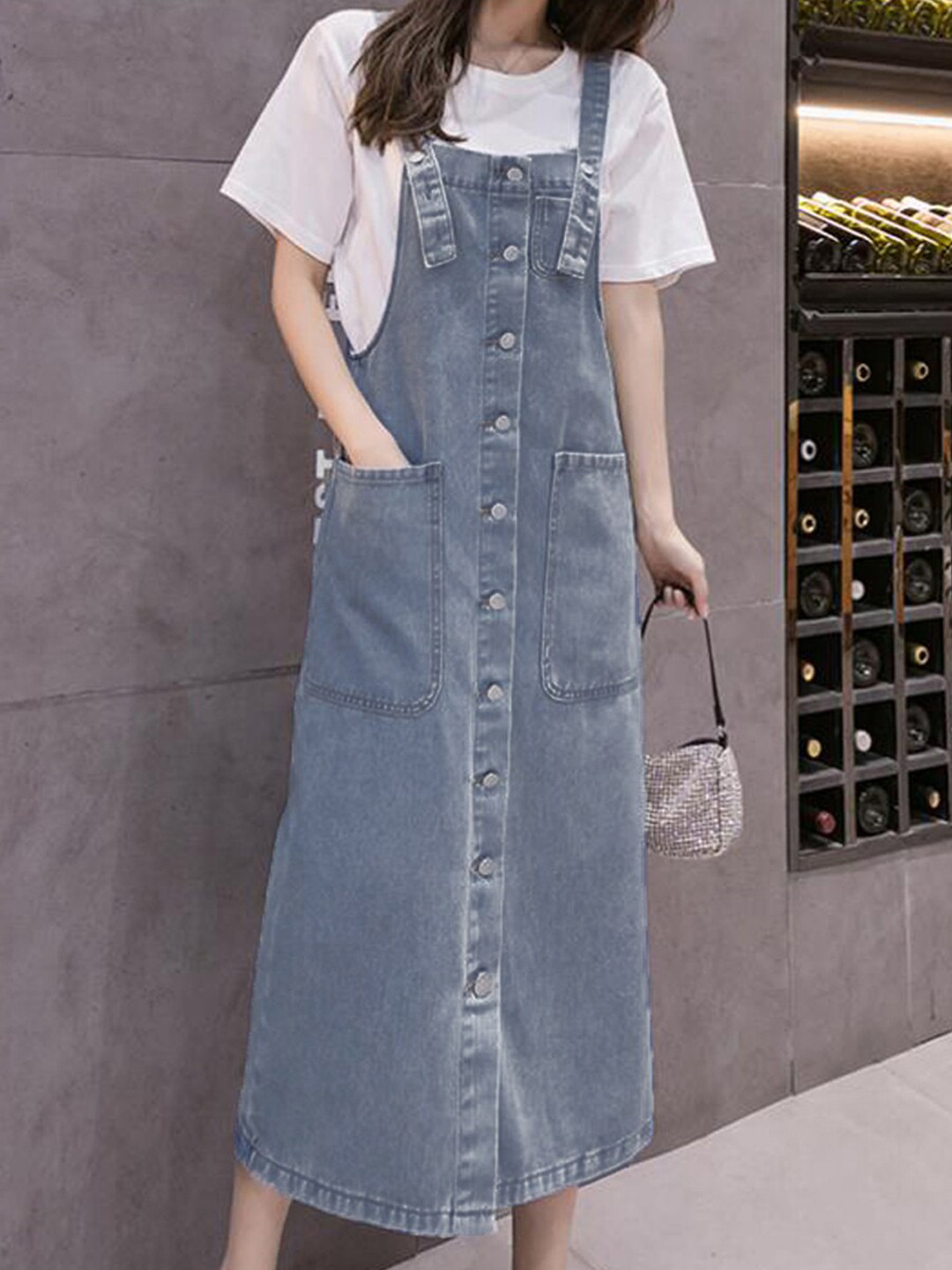 Buy URBANIC Blue & White Pinafore Midi Dress Dresses for Women