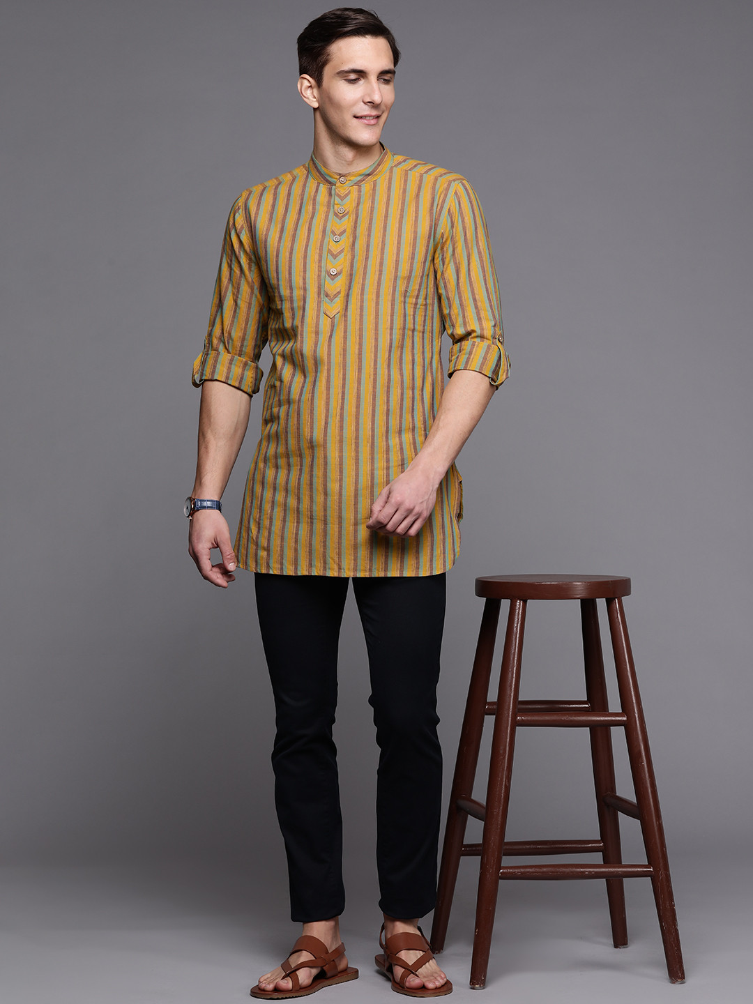 Men'S Mustard Cotton Striped Kurta Only