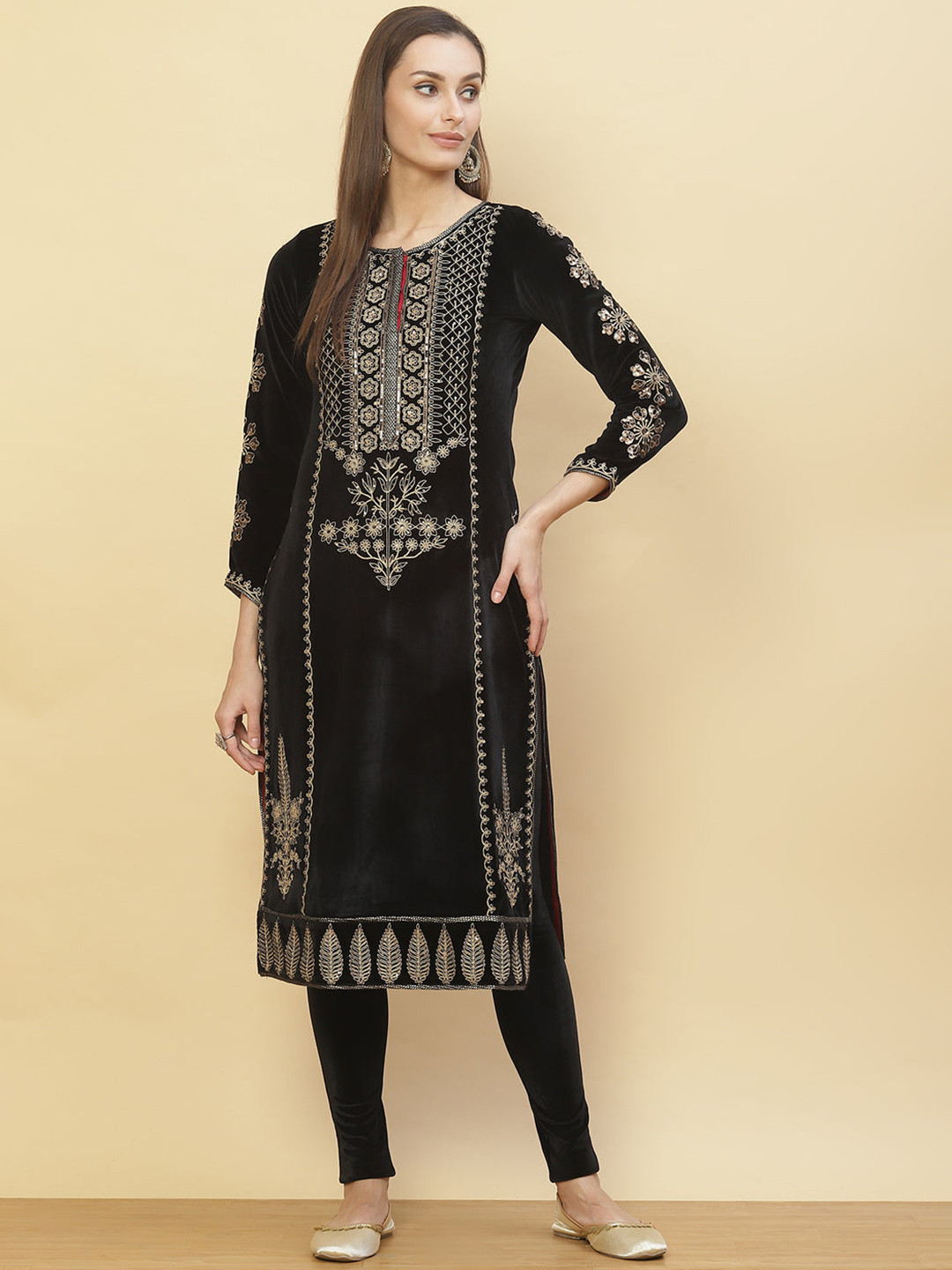 Women Black Velvet Embroidered Short Kurta With Straight Pants