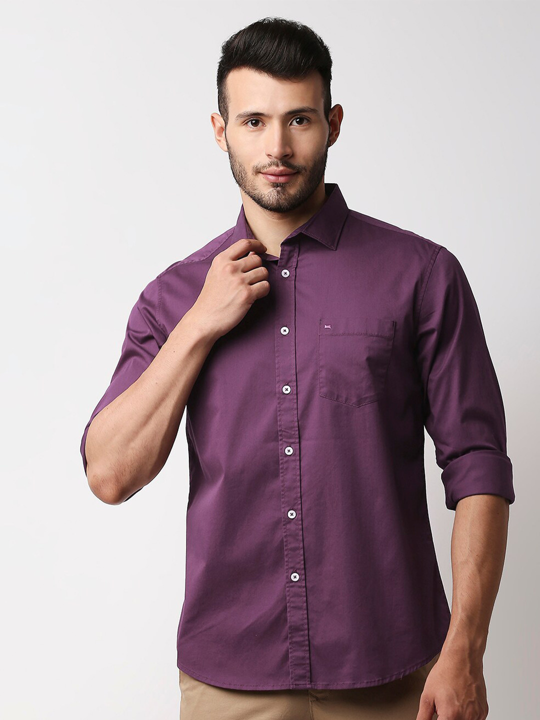 Men Solid Cotton Casual Dark Purple Shirt main image 0