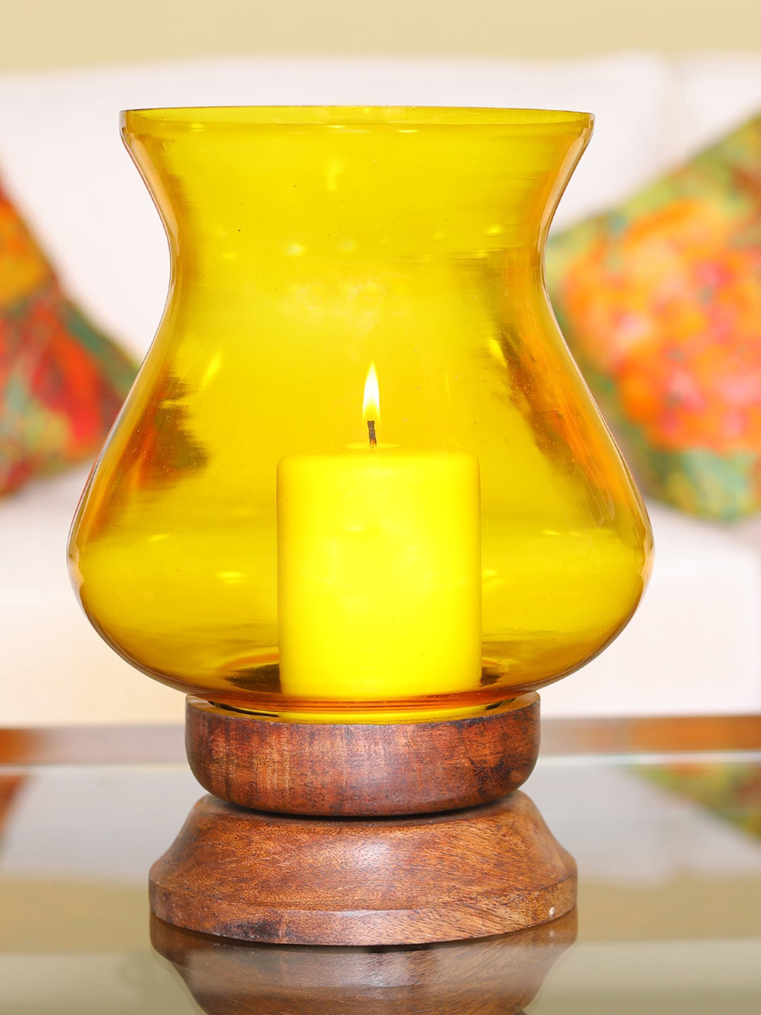 Buy HOSLEY Yellow Glass Candle Holder With Pillar Candle Candle
