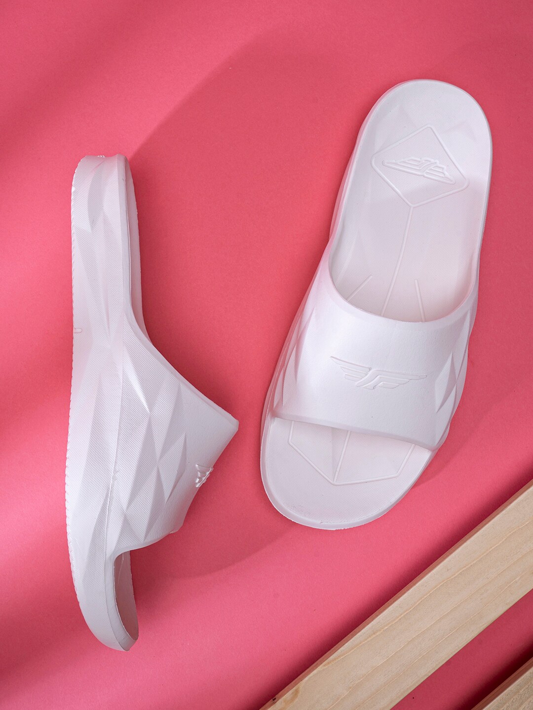 red tape flip flops white