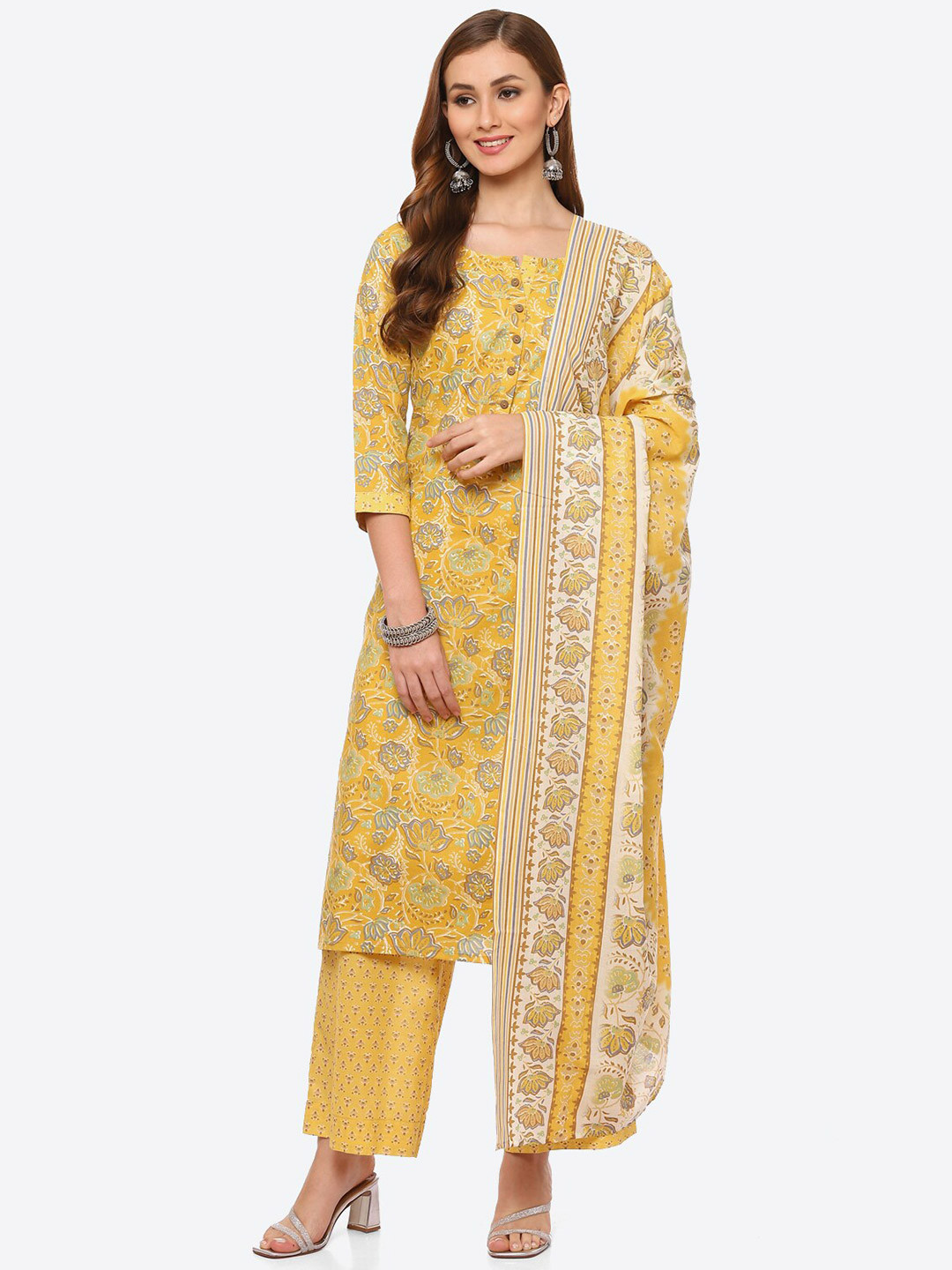 Buy Biba Yellow & Grey Pure Cotton Unstitched Dress Material Dress Material for Women 18712976