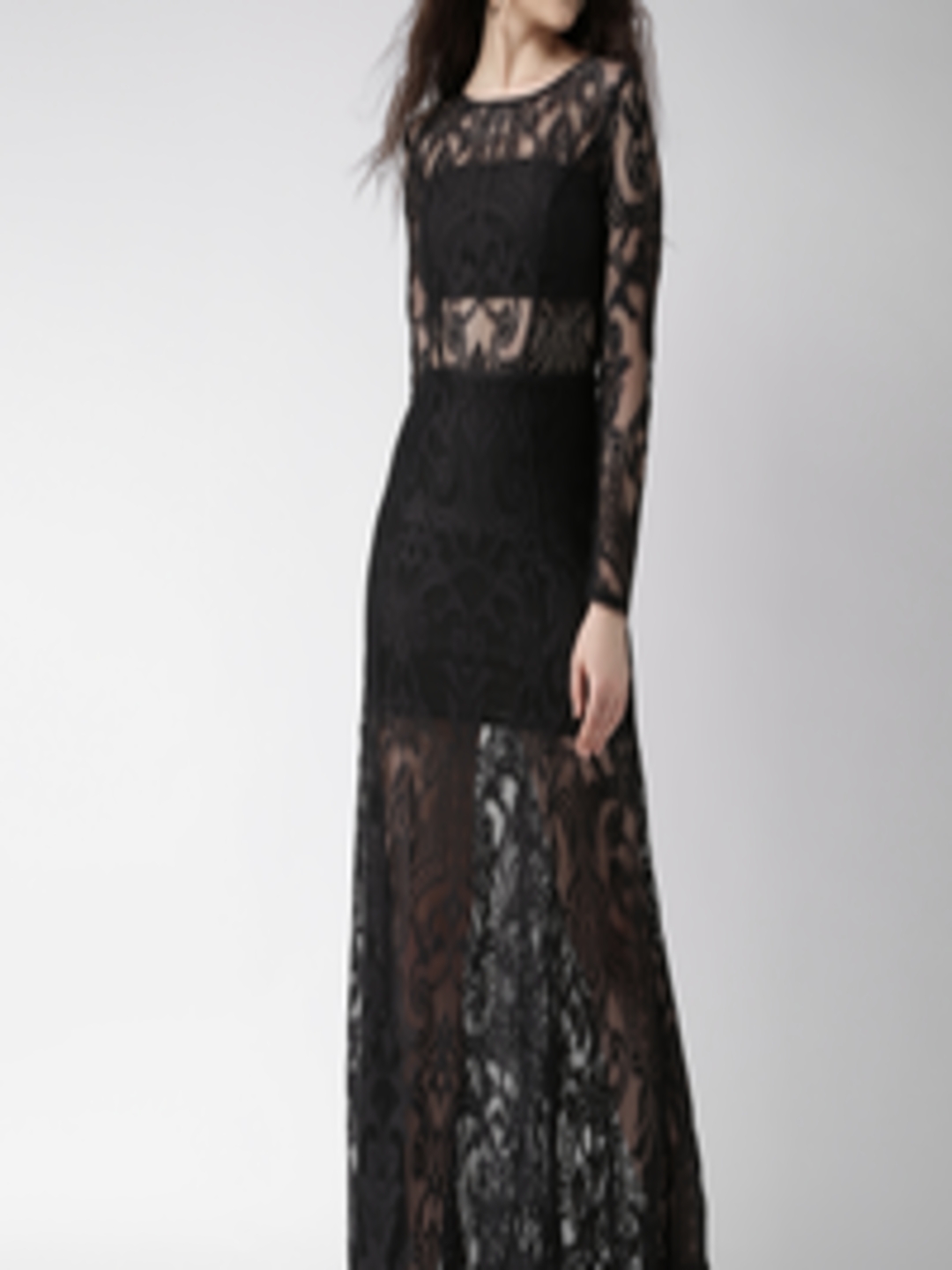 Buy FOREVER 21 Women Black Semi Sheer Lace Maxi Dress - Dresses for ...