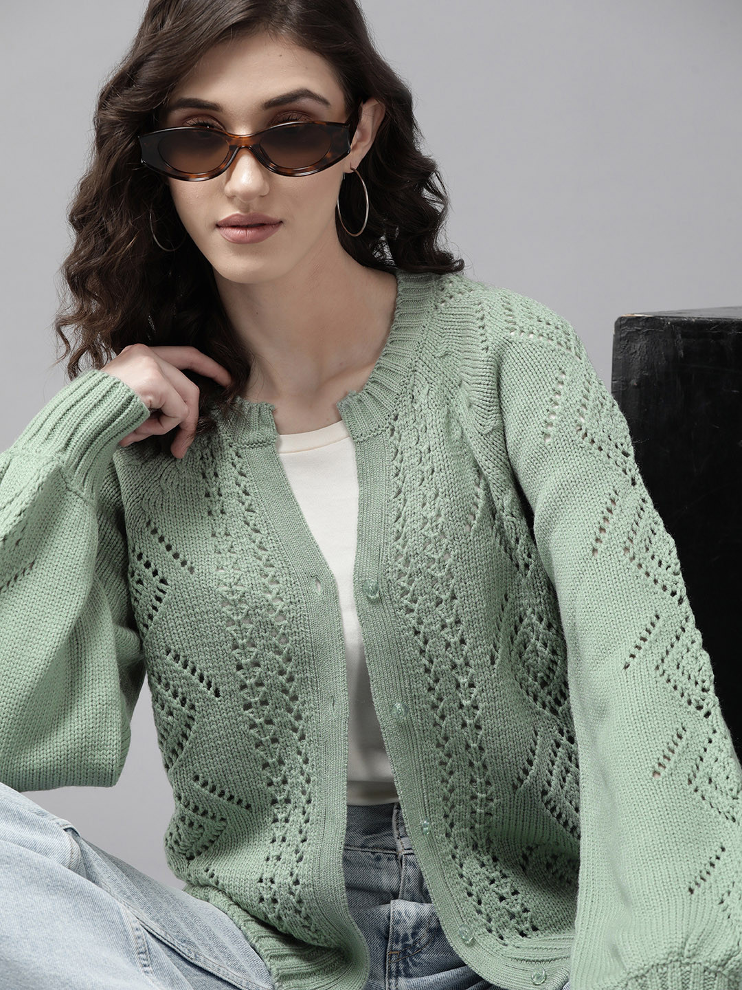 Buy The Roadster Lifestyle Co. Women Green Open Knit Acrylic Cardigan