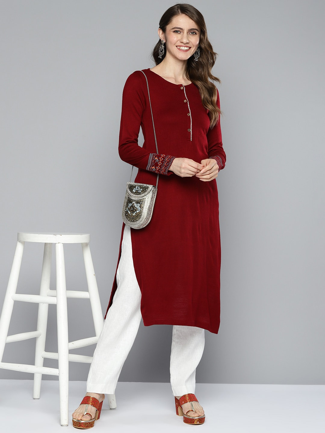 Winter Women Acrylic Cream Embroidered Kurta