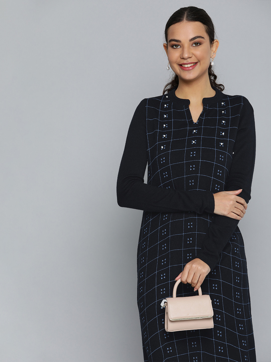 Buy HERE&NOW Women Navy Blue Printed Acrylic Winter Kurta With Leggings