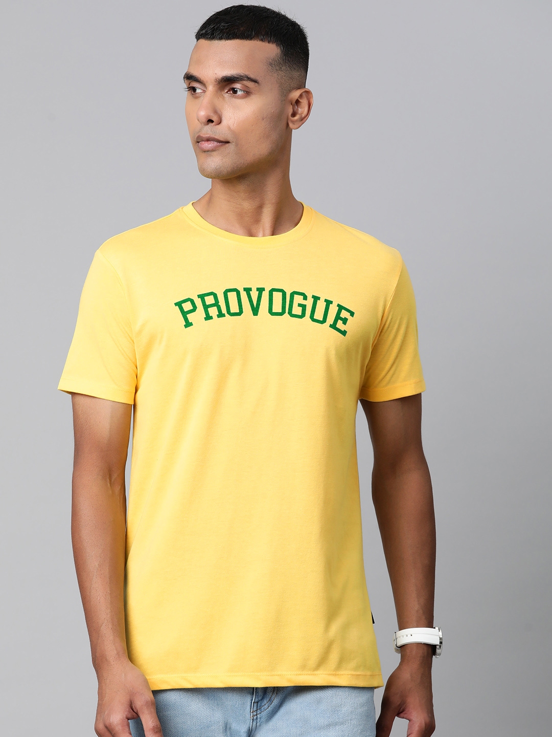 Buy Provogue Men Yellow & Green Brand Logo Printed T Shirt - Tshirts ...