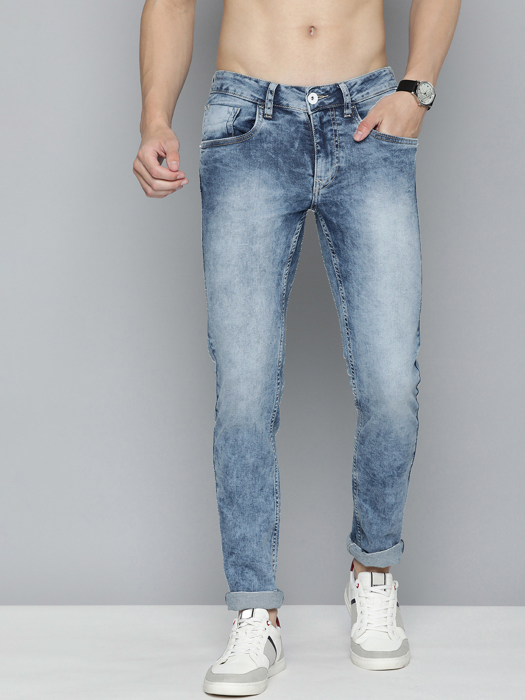 Men's Blue Comfort Low-Rise Heavy Fade Acid Wash Denim Jeans