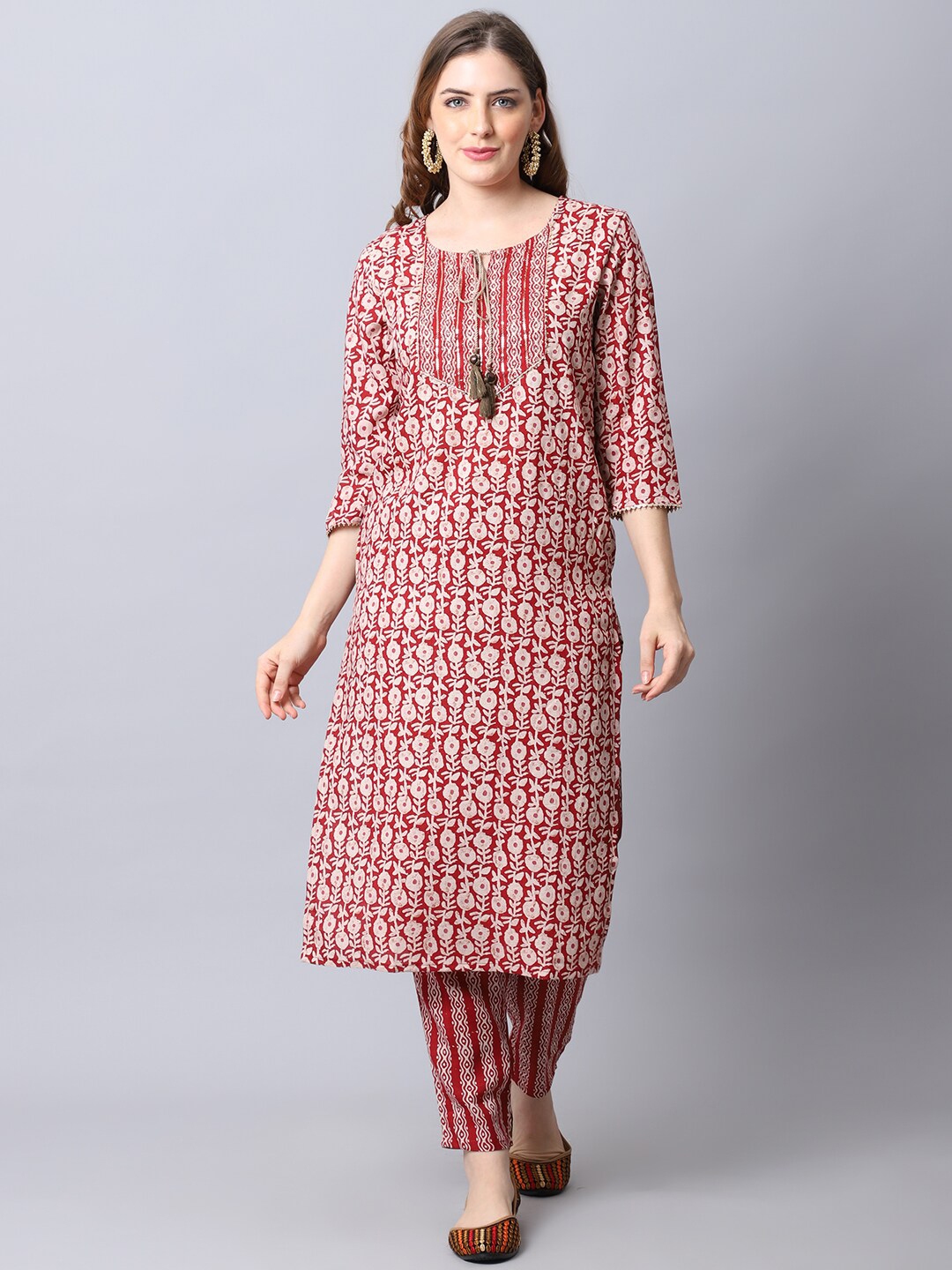 Buy The Mini NEEDLE Women Maroon Floral Printed Pure Cotton Kurta With ...