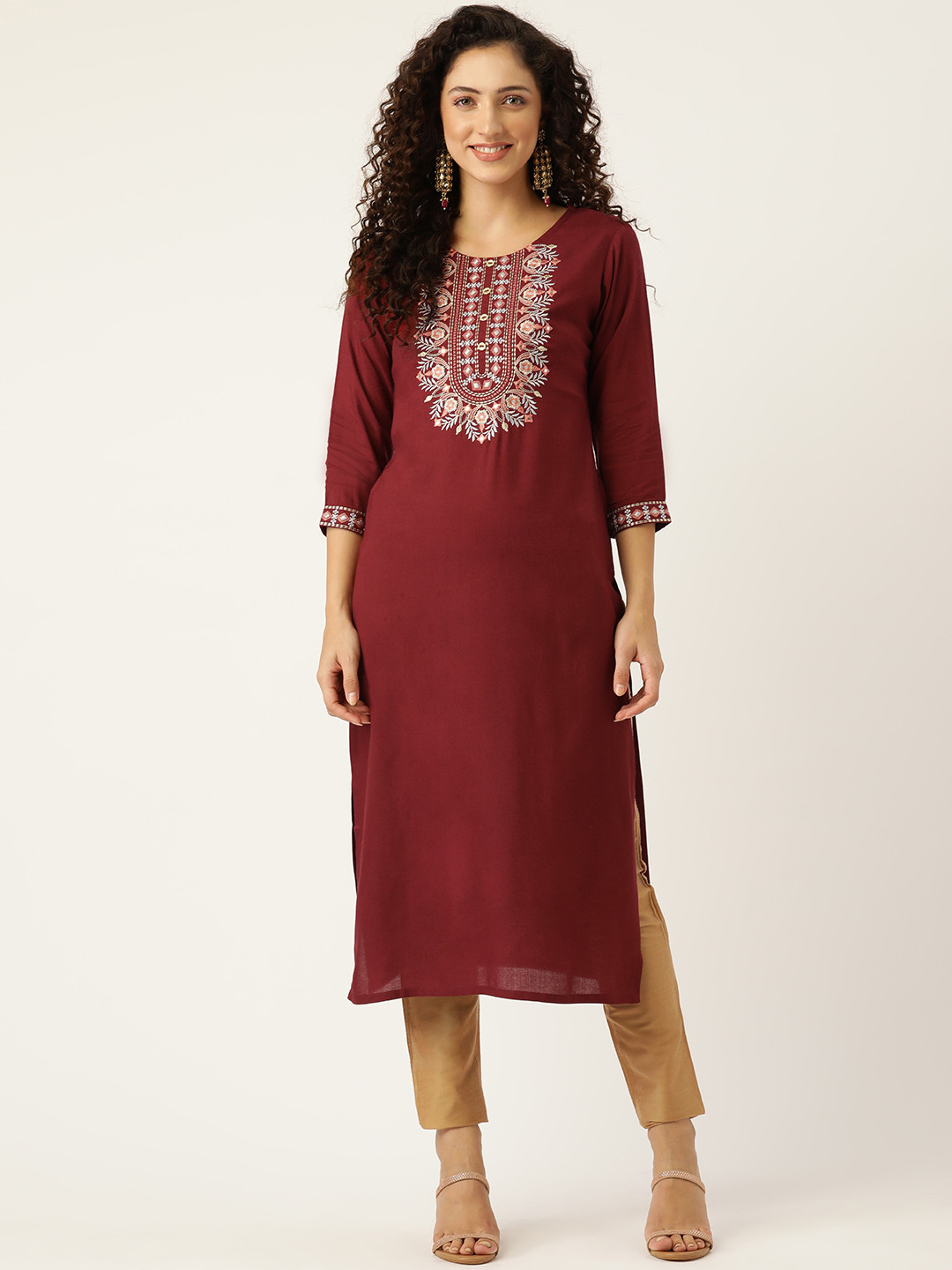MAROON ACRYLIC EMBROIDERED KURTA main image 1