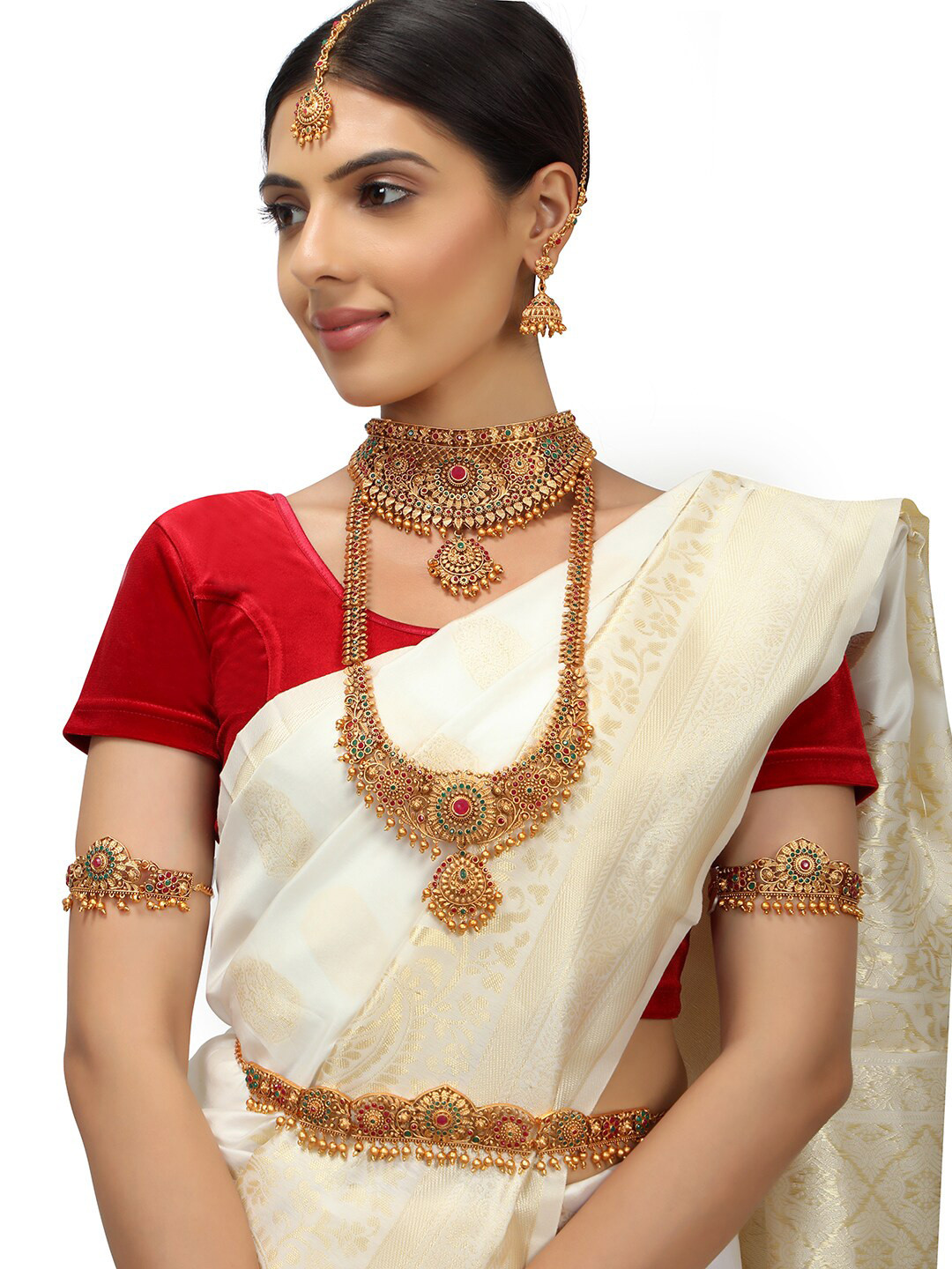 Buy AccessHer Gold Plated Red & Green Stones Studded Bridal Jewellery