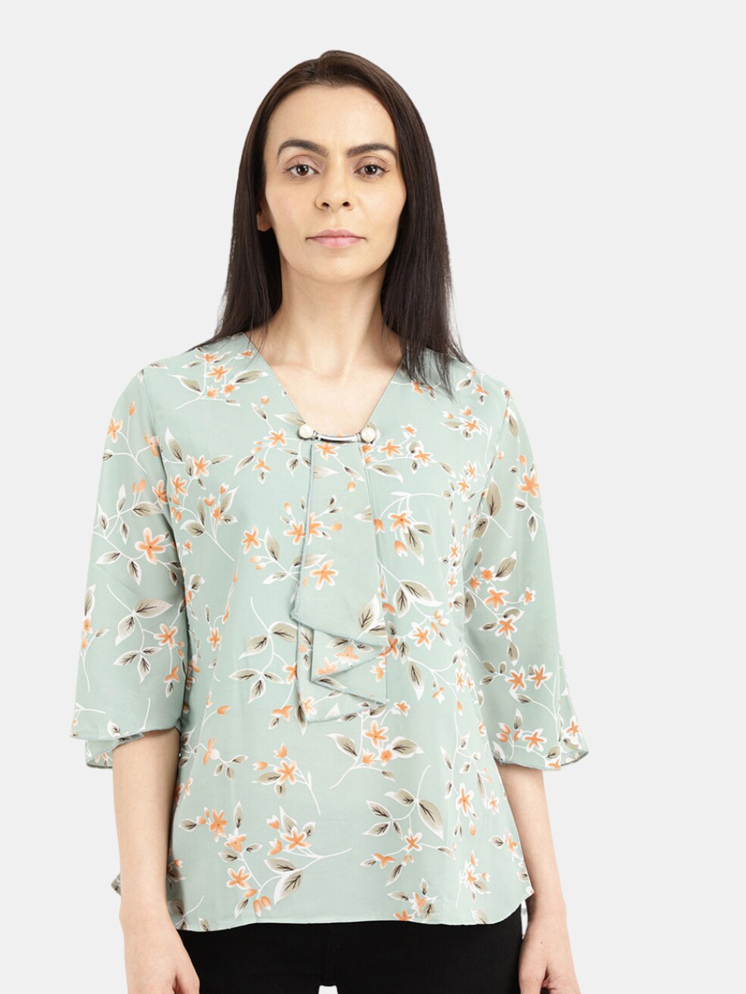 Green Floral Print Top main image 0