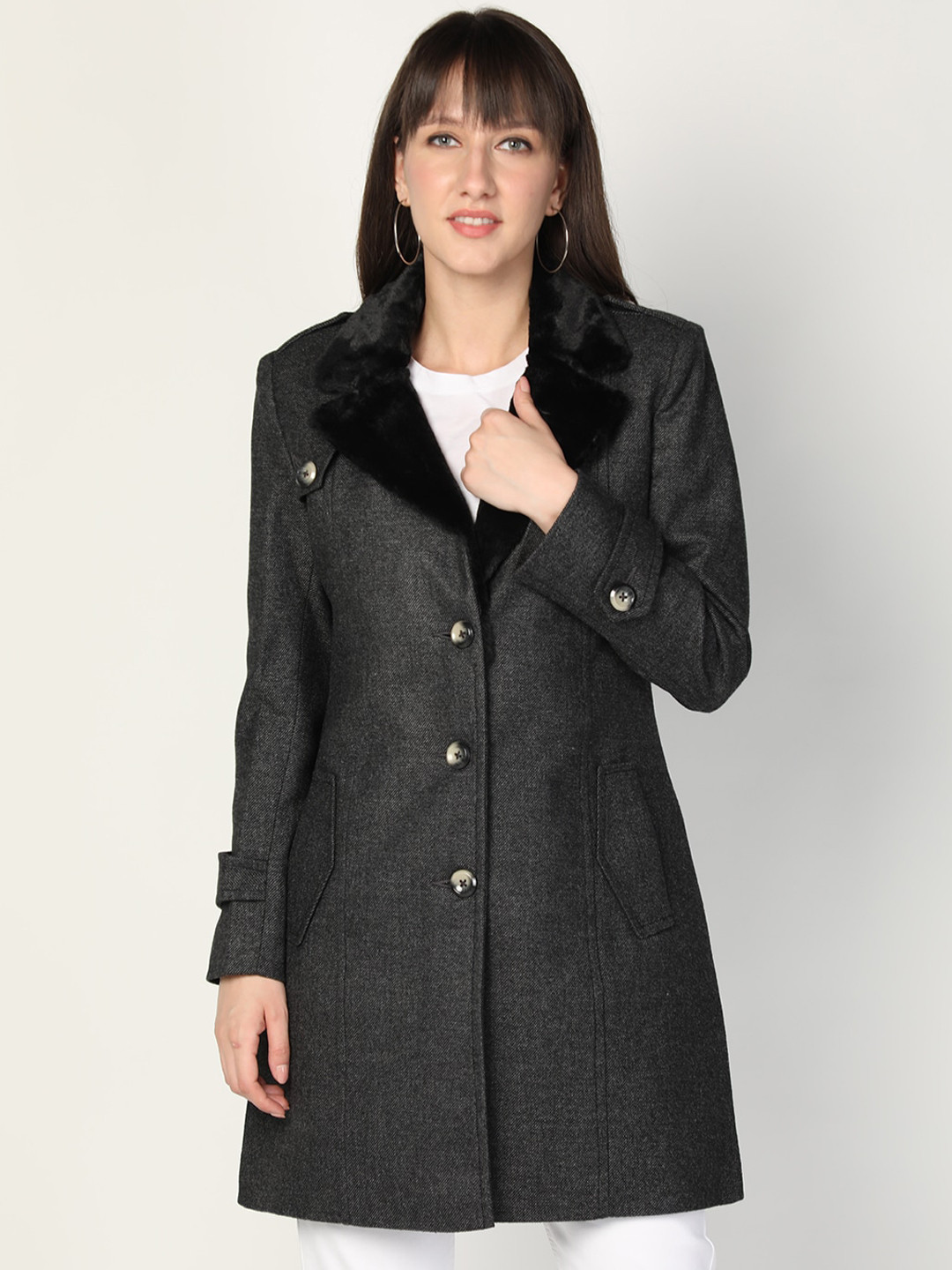 Buy Women Grey Trench Coat With Fur Collar Coats for Women