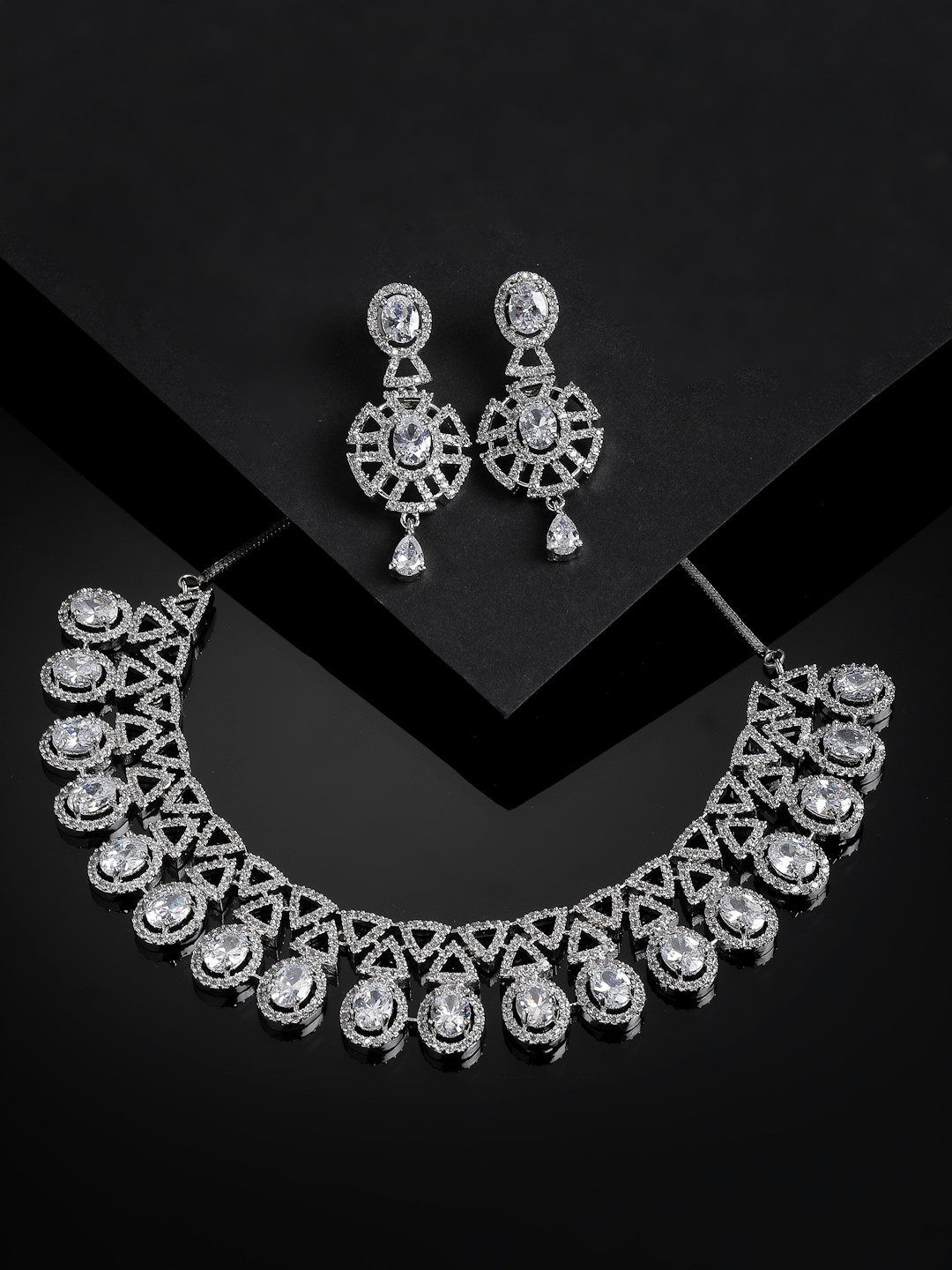 Buy PANASH Rhodium Plated White American Diamonds Studded Handcrafted Jewellery Set Jewellery