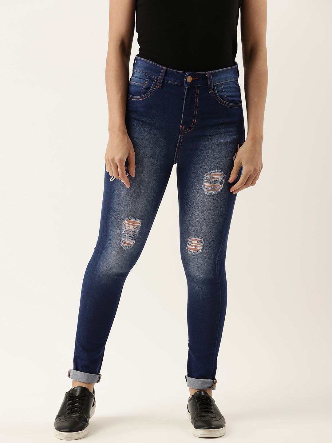Women's Blue Bootcut Mildly Distressed Light Fade Stretchable Denim Jeans