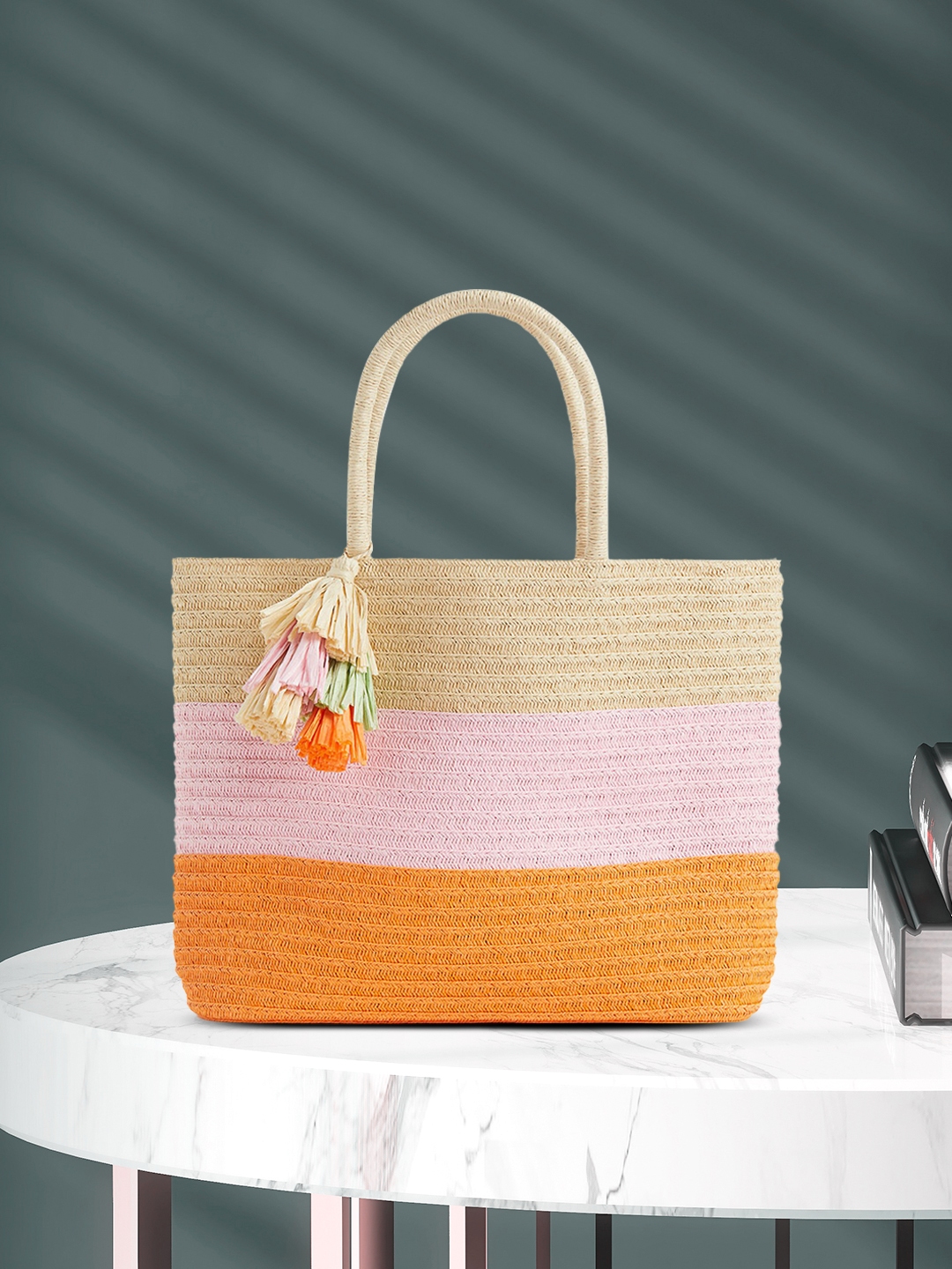 Buy H&M Women Multicoloured Colourblocked Straw Bag Handbags for