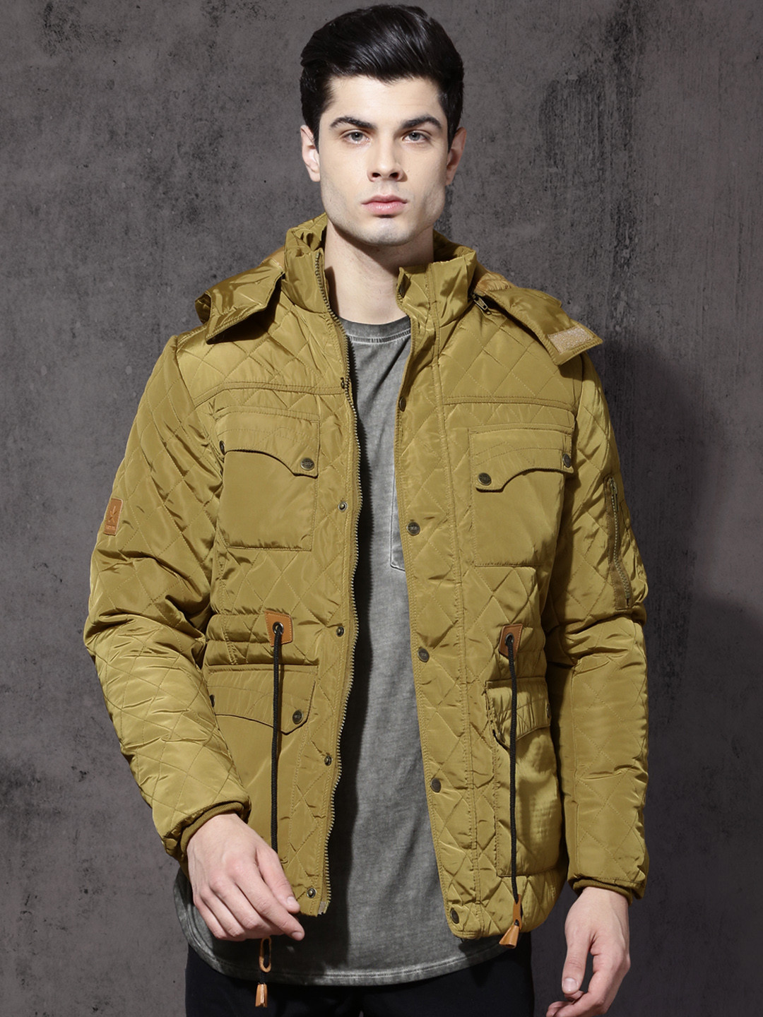 Buy Roadster Men Khaki Solid Quilted Jacket With Detachable Hood