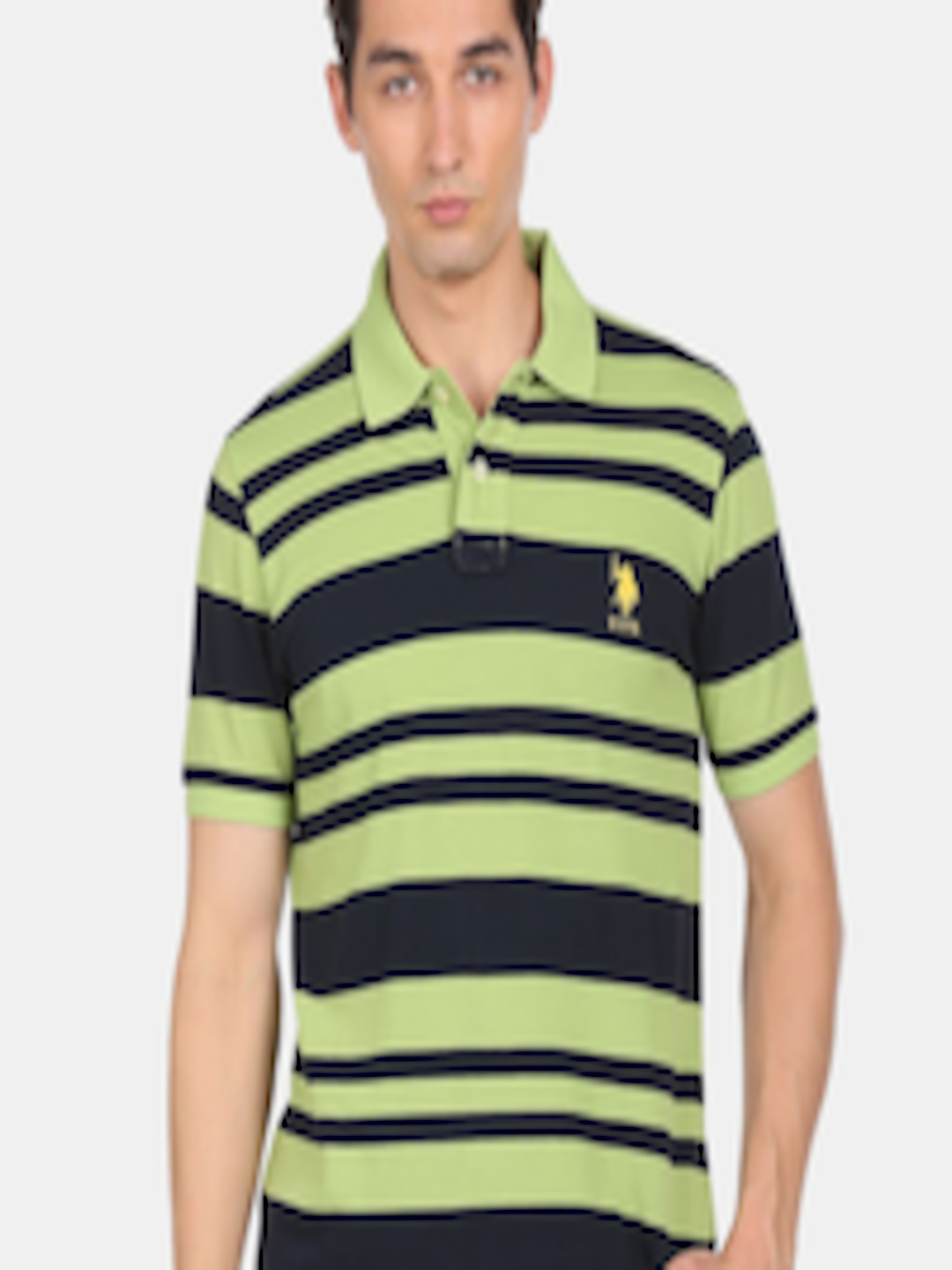 Buy U S Polo Assn Men Green Striped Polo Collar Applique T Shirt ...