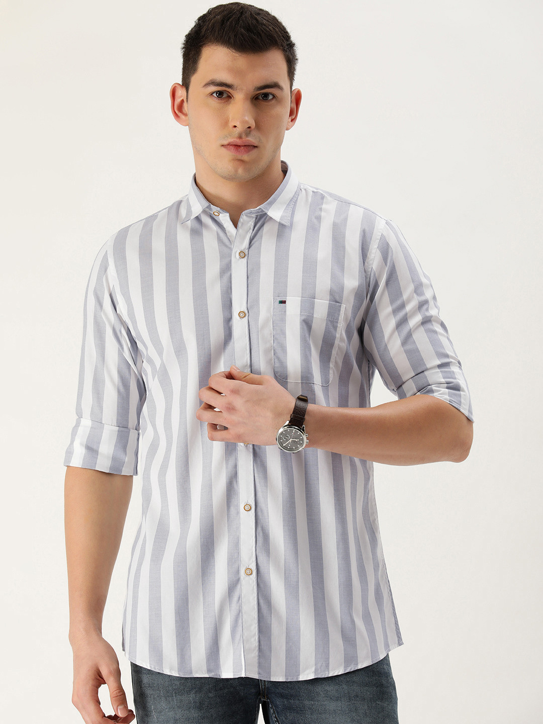 Buy Peter England Men White & Grey Slim Fit Striped Casual Shirt