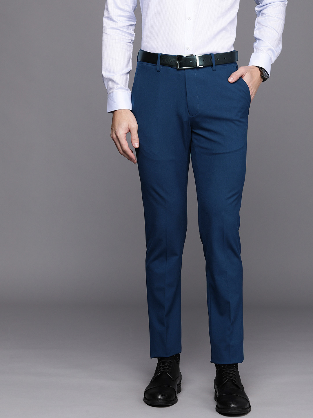 Buy Peter England Elite Men Navy Blue Neo Slim Fit Trousers - Trousers ...