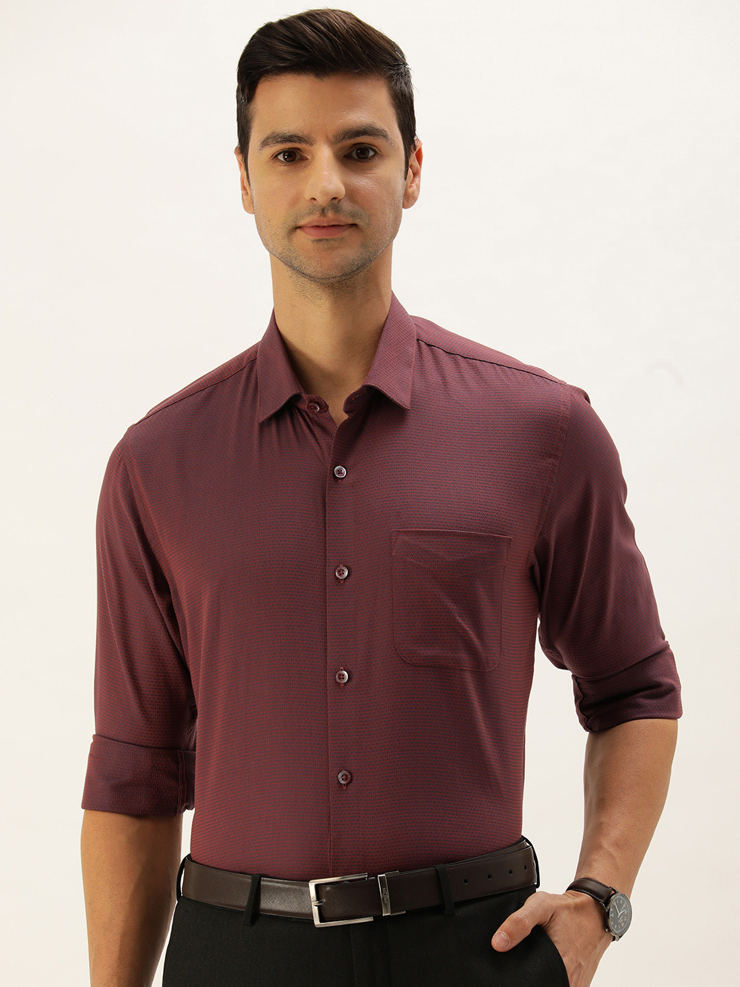 Buy Peter England Men Maroon Textured Pure Cotton Slim Fit Formal Shirt Shirts for Men