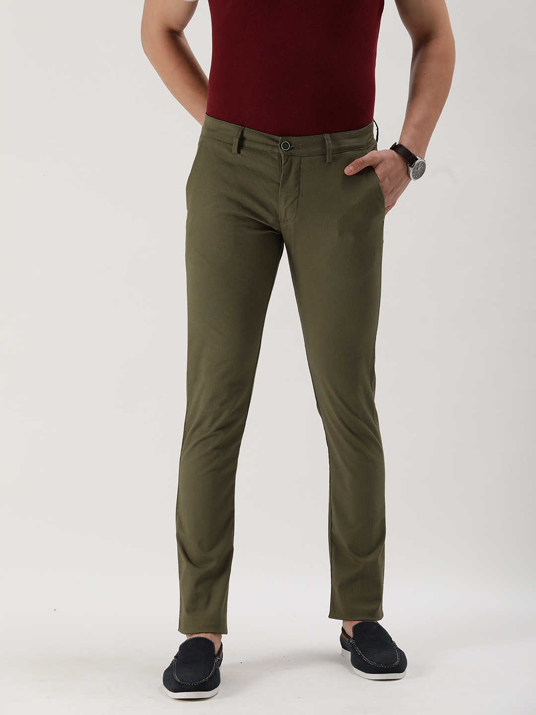 Buy Peter England Men Olive Green Textured Skinny Fit Casual Trousers