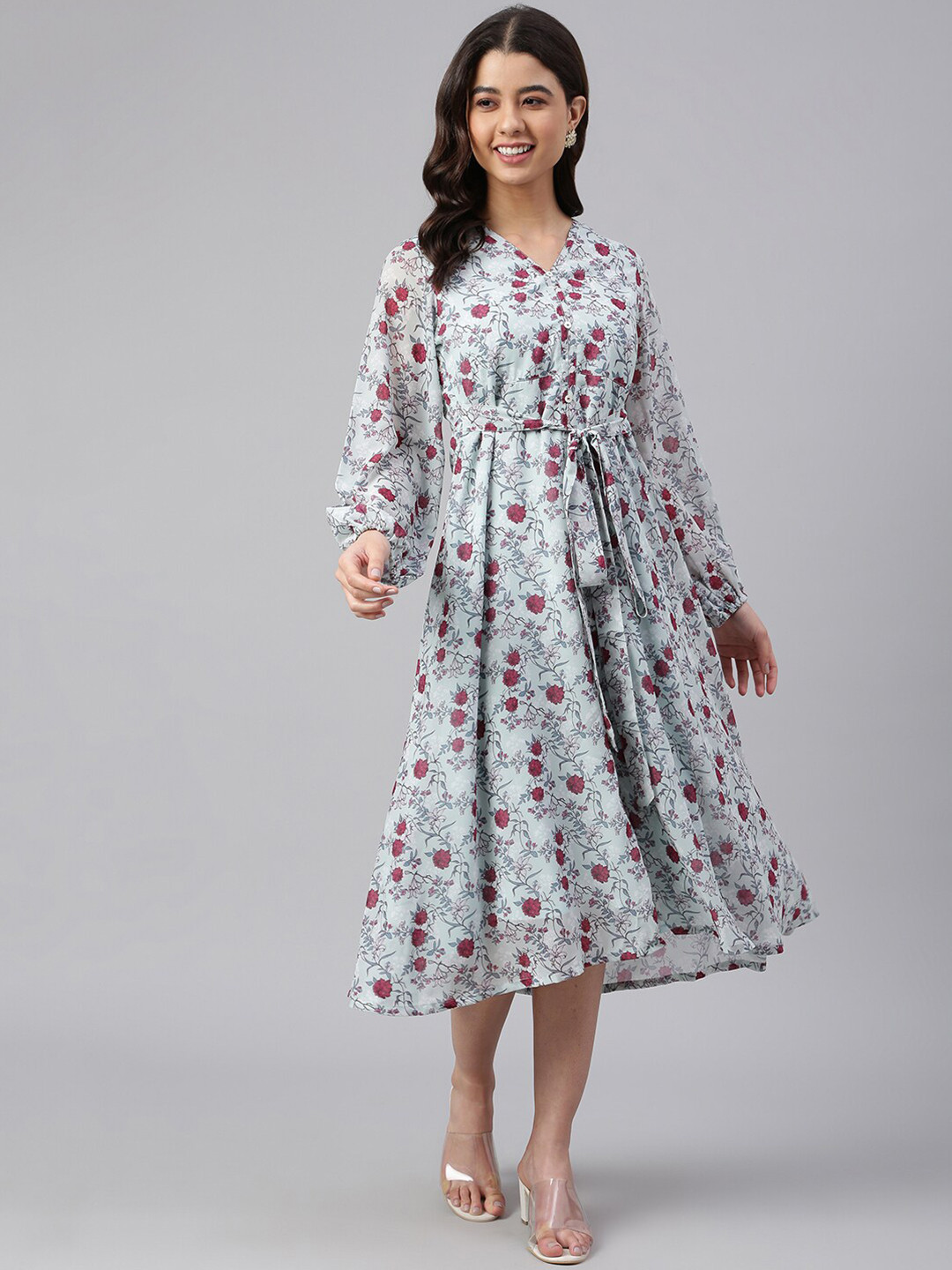 Buy Janasya Women Sea Green Floral Print A Line Western Dress