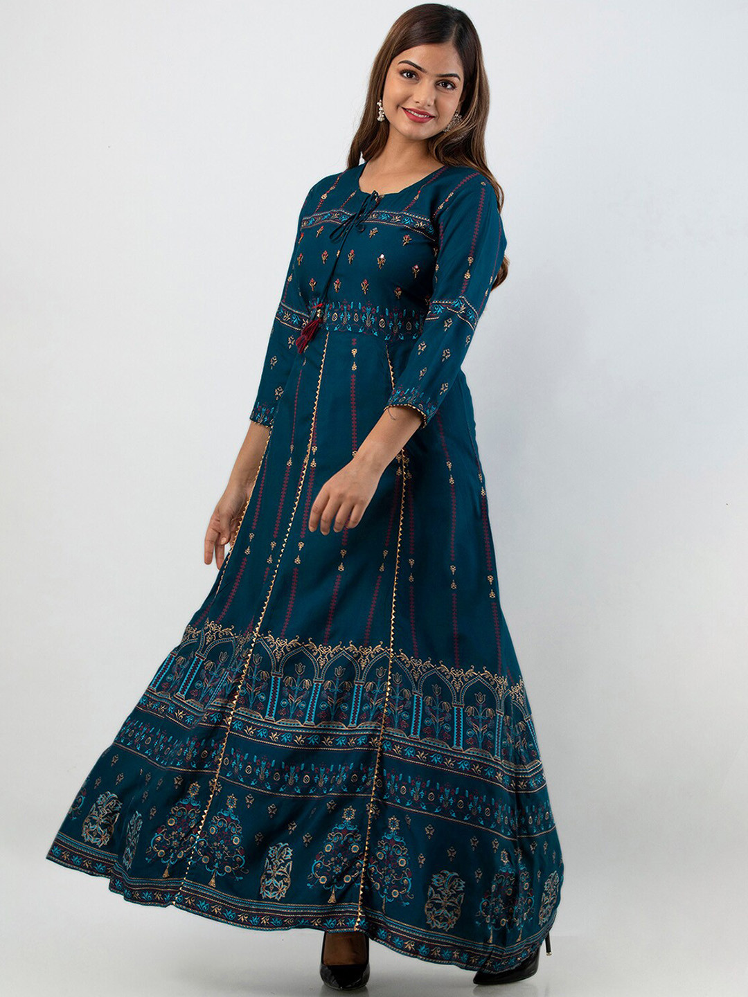 Buy KALINI Women Teal Ethnic Motifs Printed Floral Kurta Kurtas for