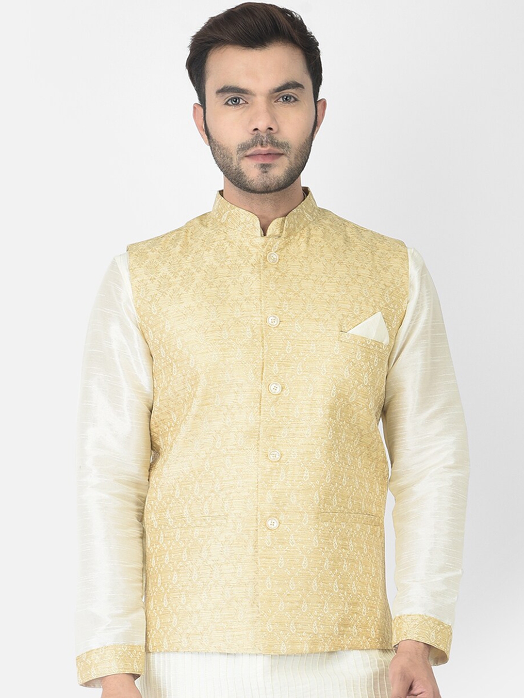 Buy DEYANN Men Cream Coloured Woven Design Nehru Jacket - Nehru Jackets ...