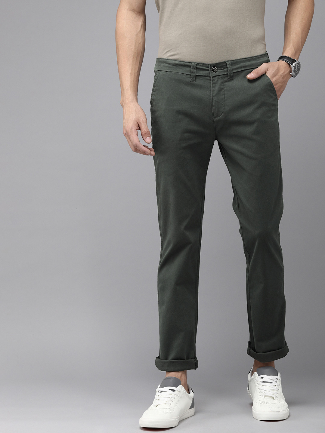 Buy Pepe Jeans Men Olive Green Solid Slim Fit Chinos Trousers ...