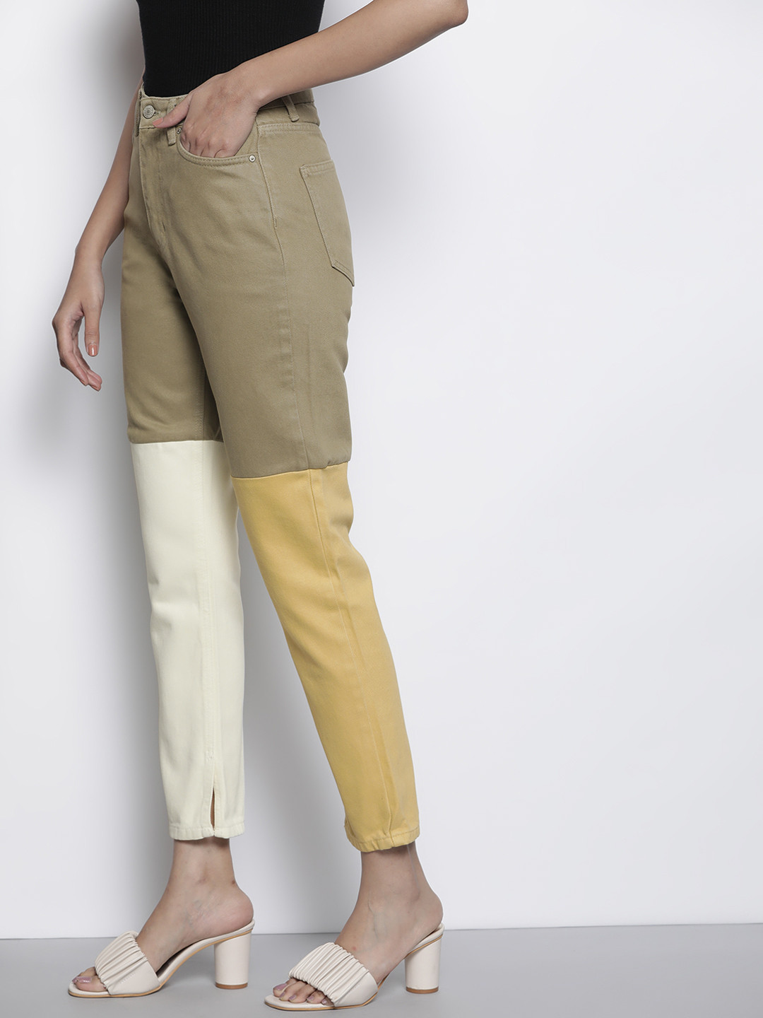 Buy Trendyol Women Olive Green Pure Cotton High Rise Colourblocked