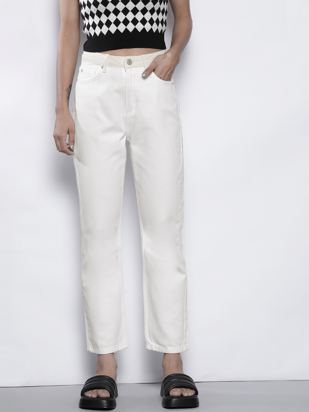 Buy Trendyol Women White Colourblocked Straight Fit High Rise Pure