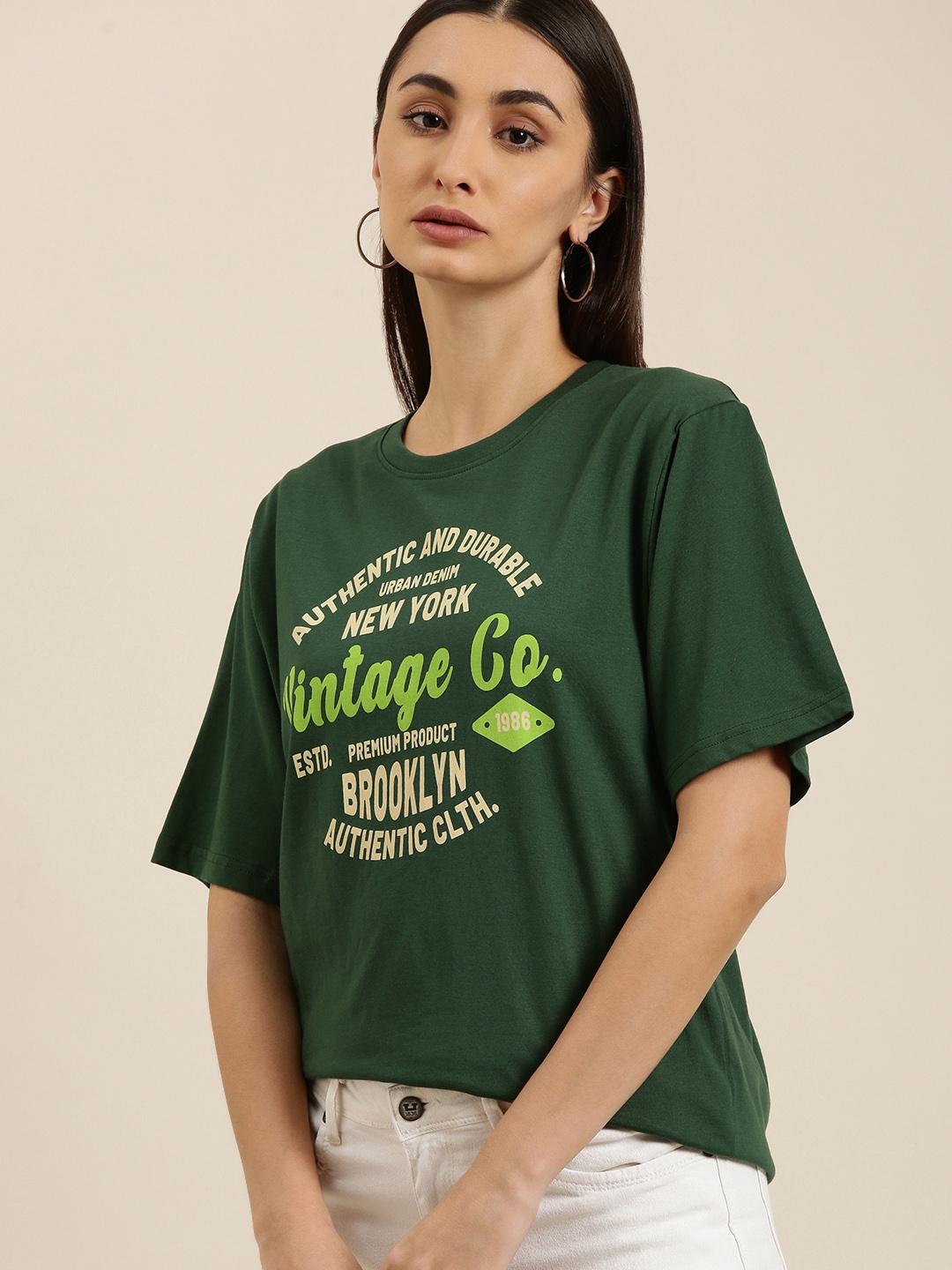 Buy Dillinger Women Green Typography Printed Pure Cotton Oversized T Shirt Tshirts For Women 3220