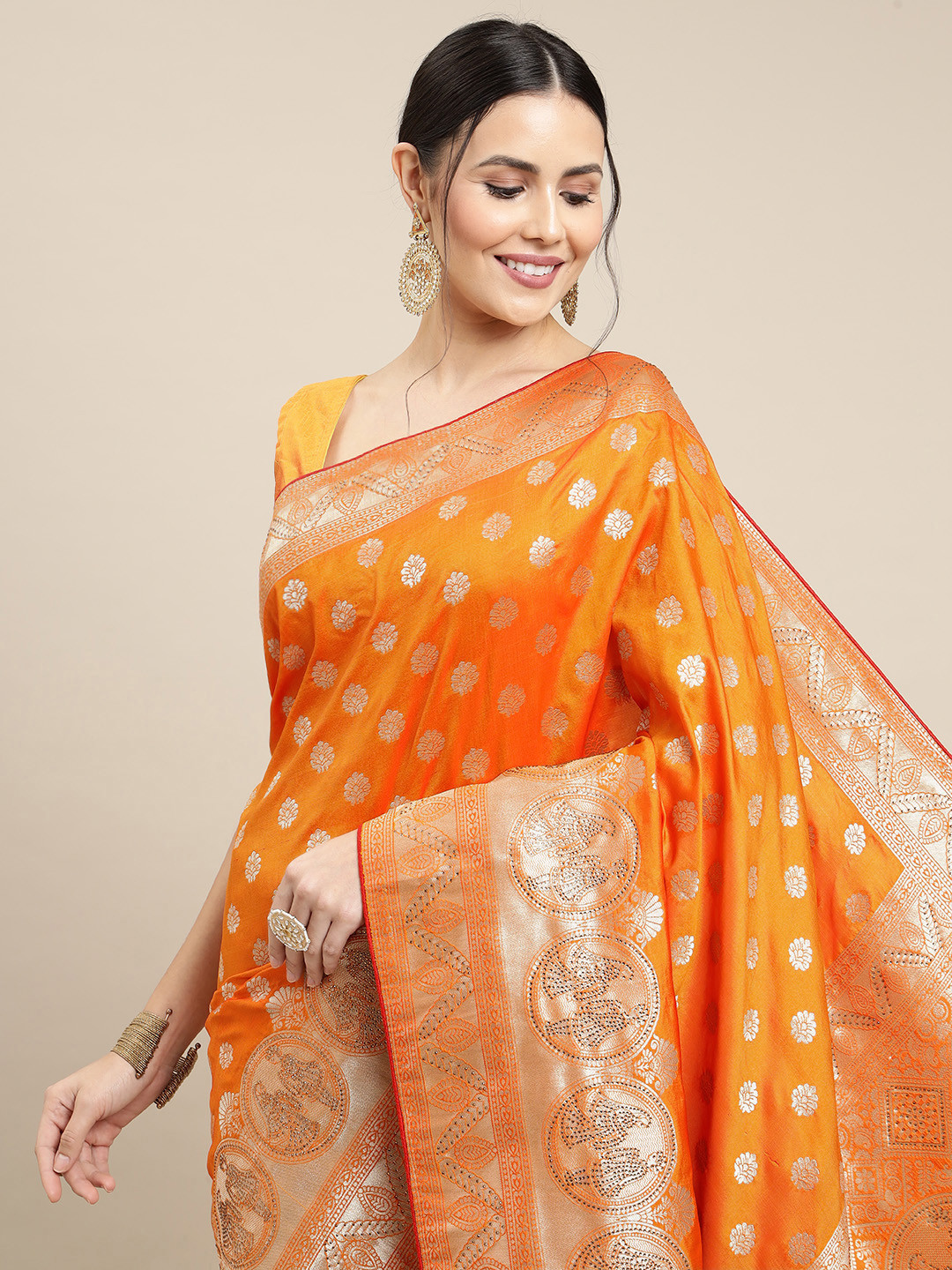 buy-royal-rajgharana-saree-orange-golden-ethnic-motifs-zari-woven