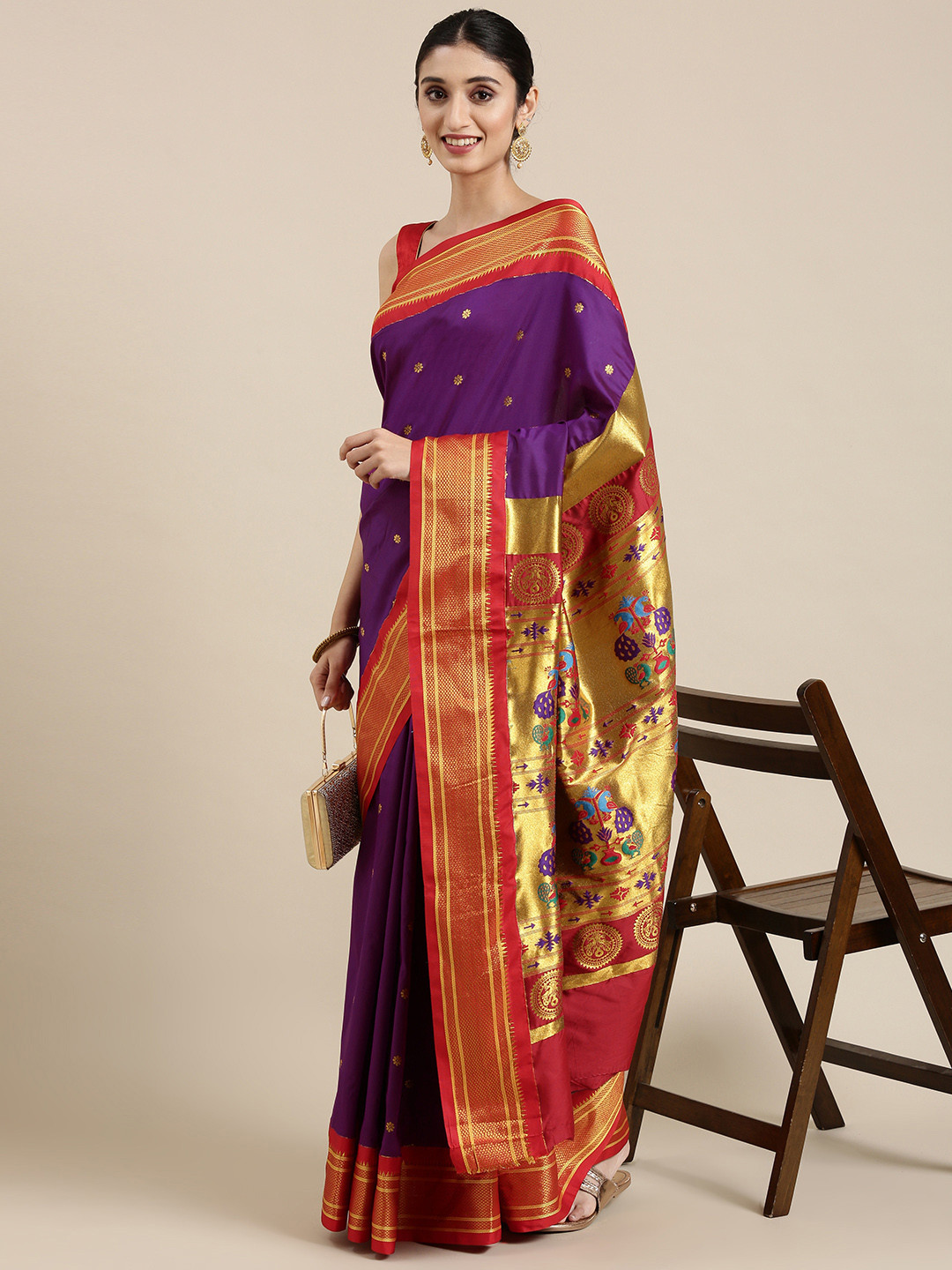 Buy Varkala Silk Sarees Aubergine & Red Ethnic Motifs Zari Art Silk