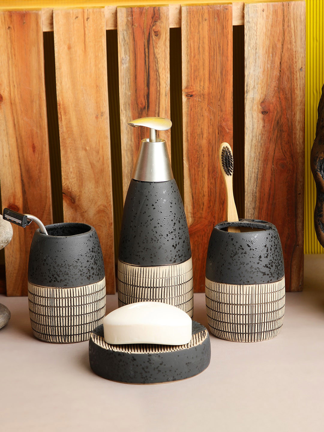 Buy ROMEE Set Of 4 Black & Beige Striped Bathroom Accessories ...