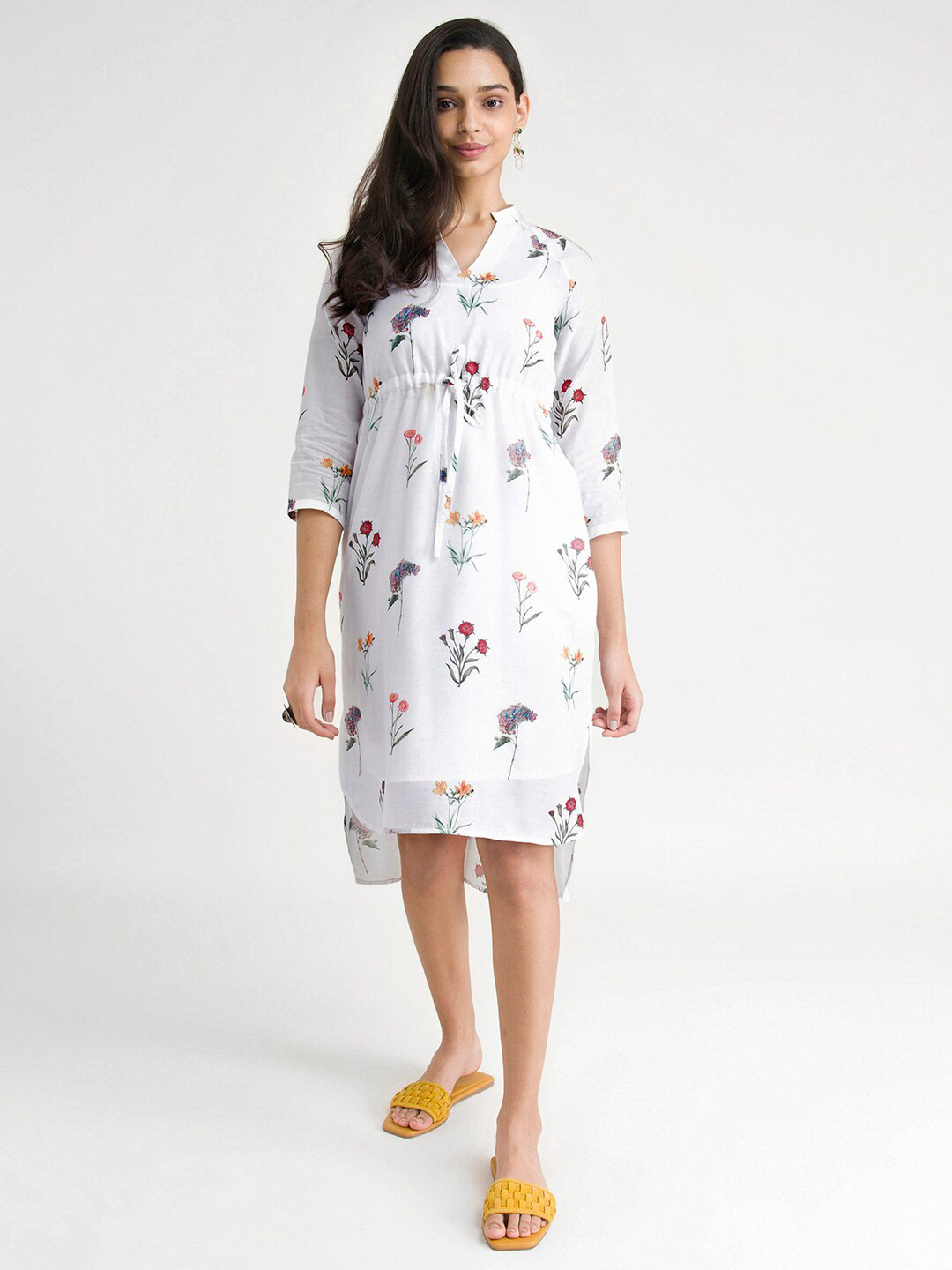 Magenta White Floral A-Line Cotton Dress With Attached Shrug