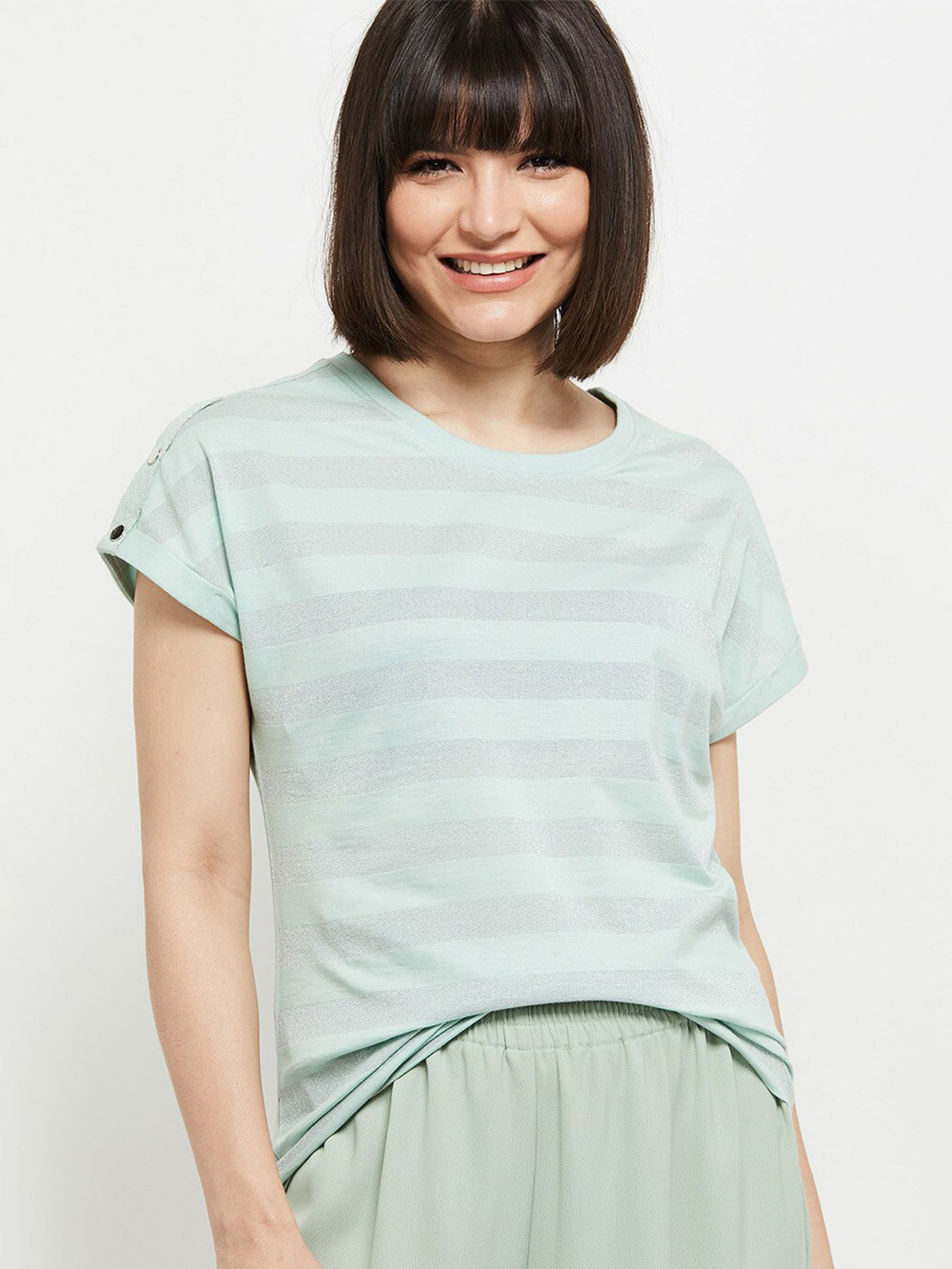 Green Striped T Shirt Women 2026.Buy Max Women Green Striped Extended Sleeves T Shirt - Tshirts for ...