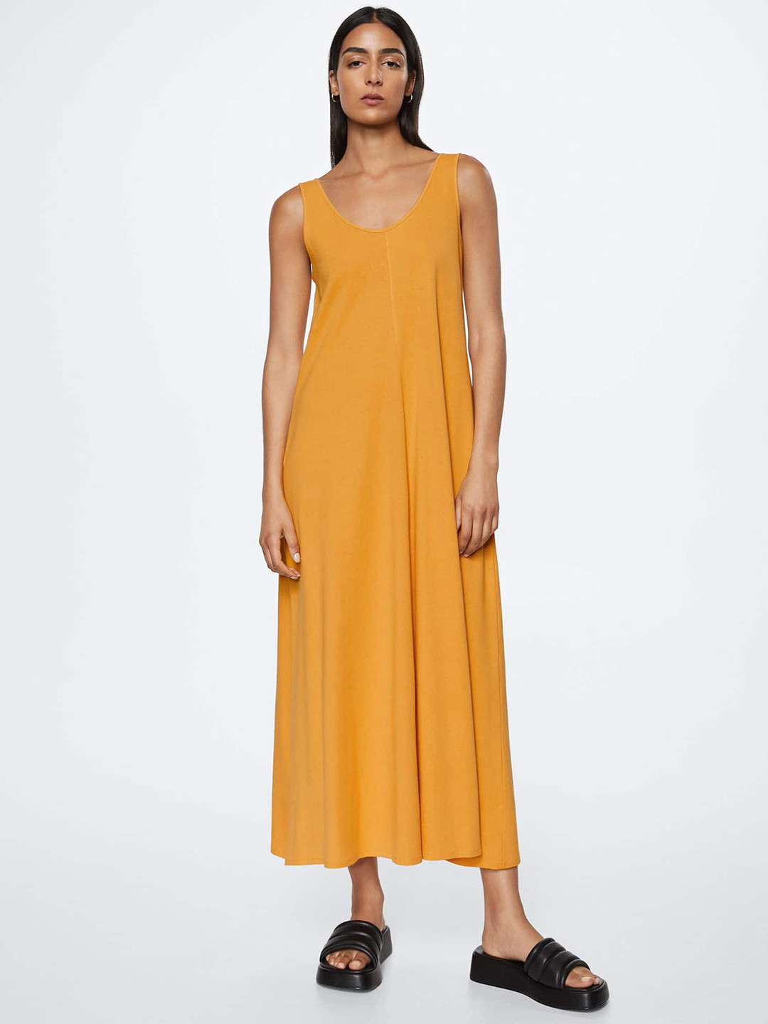 Buy MANGO Mustard Yellow Pure Cotton Solid Maxi Dress - Dresses for ...